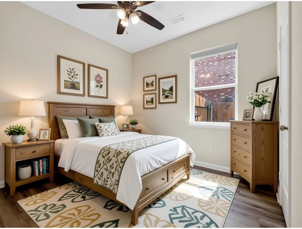  Virtually Staged Bedroom featuring wood-finish flooring, a ceiling fan with integrated lighting, and neutral wall tones