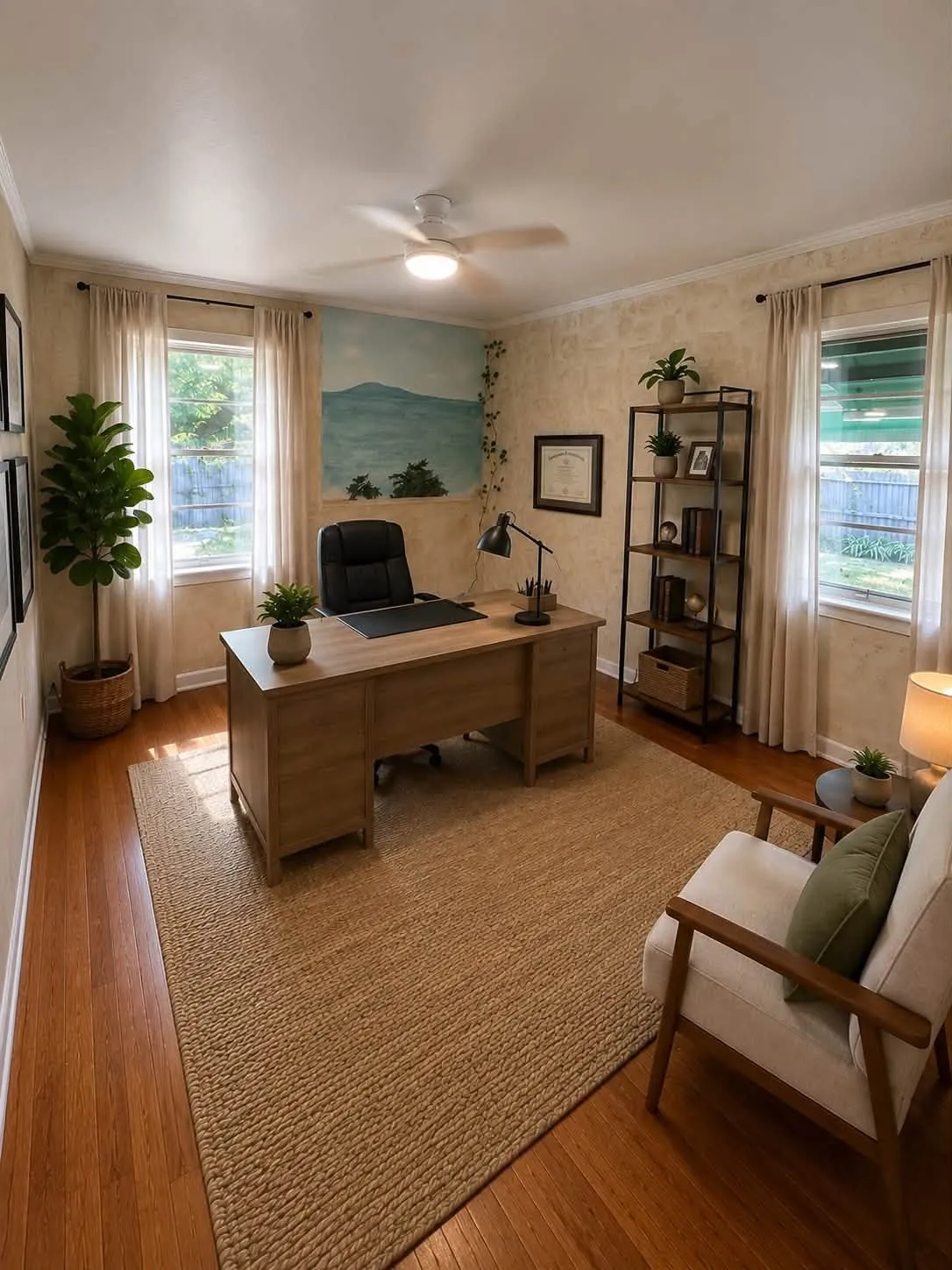 Spacious room with wood-finish flooring, multiple windows, and a ceiling fan