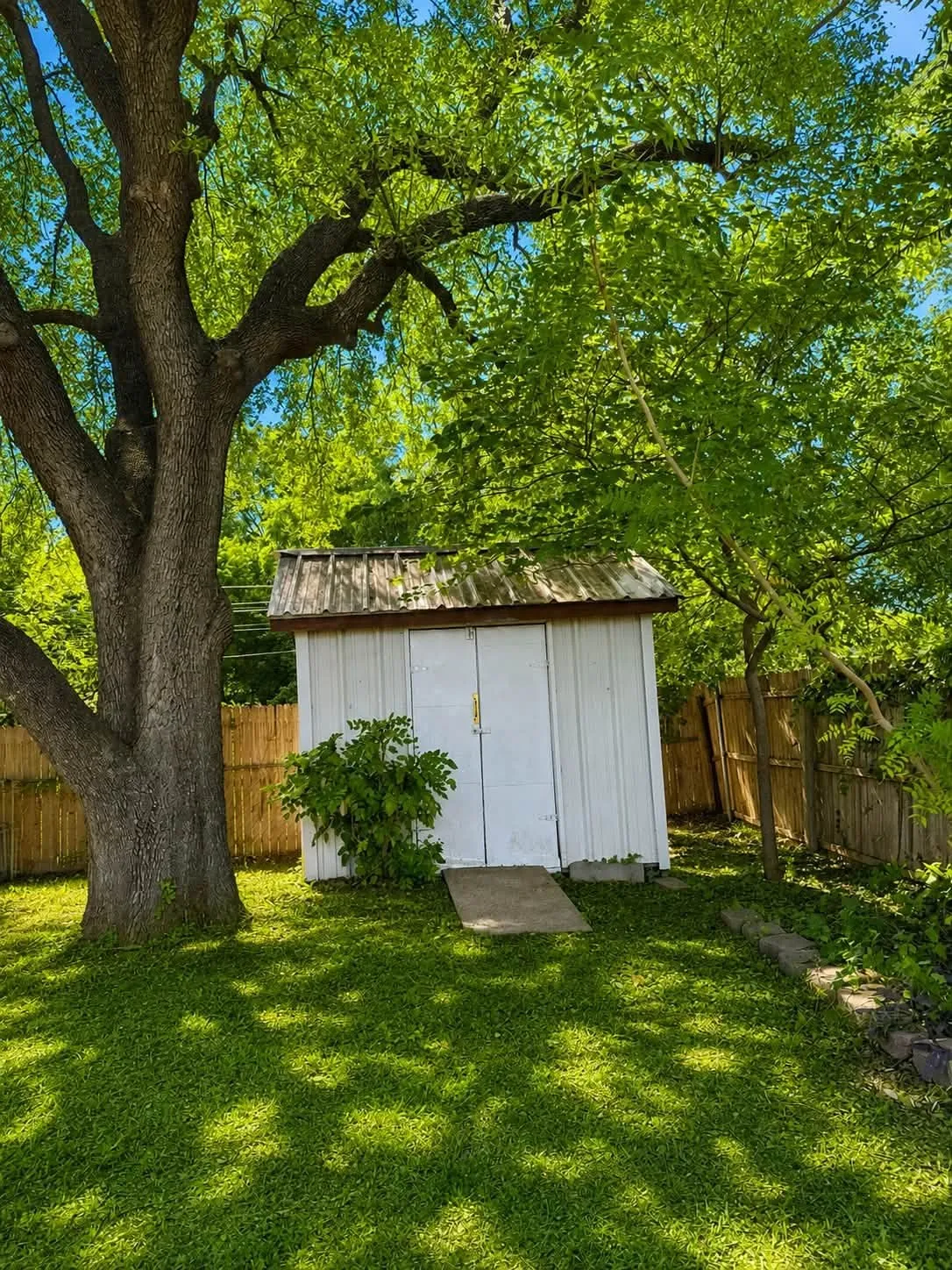 Expansive green lawn featuring a white storage shed with a metal roof and double doors