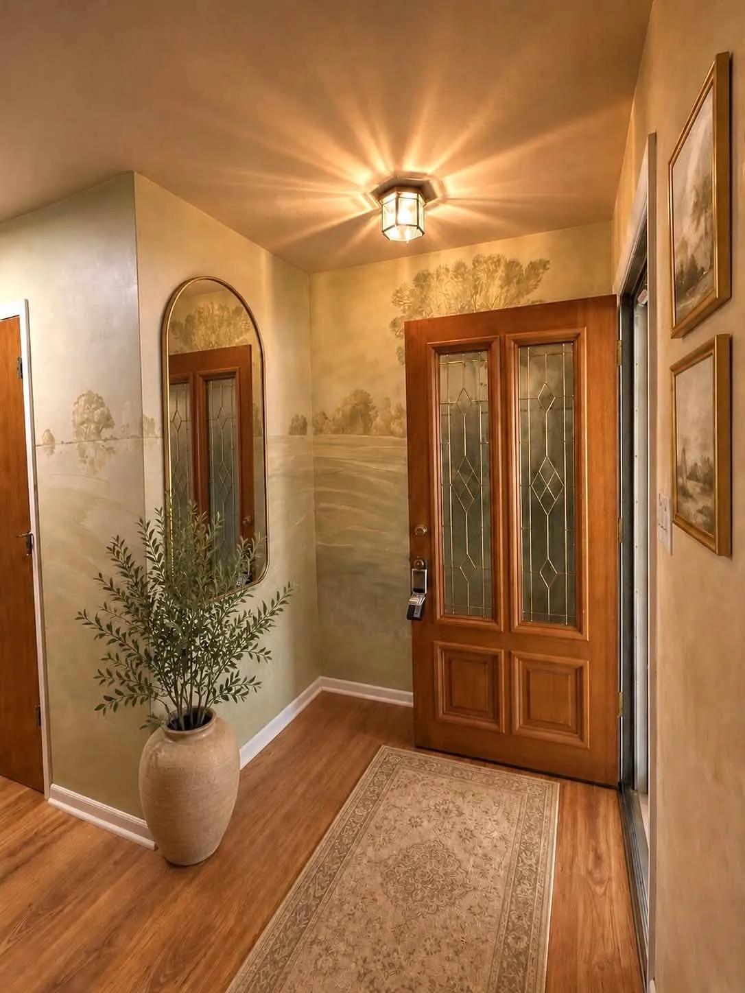 Solid wood front door with leaded glass panels