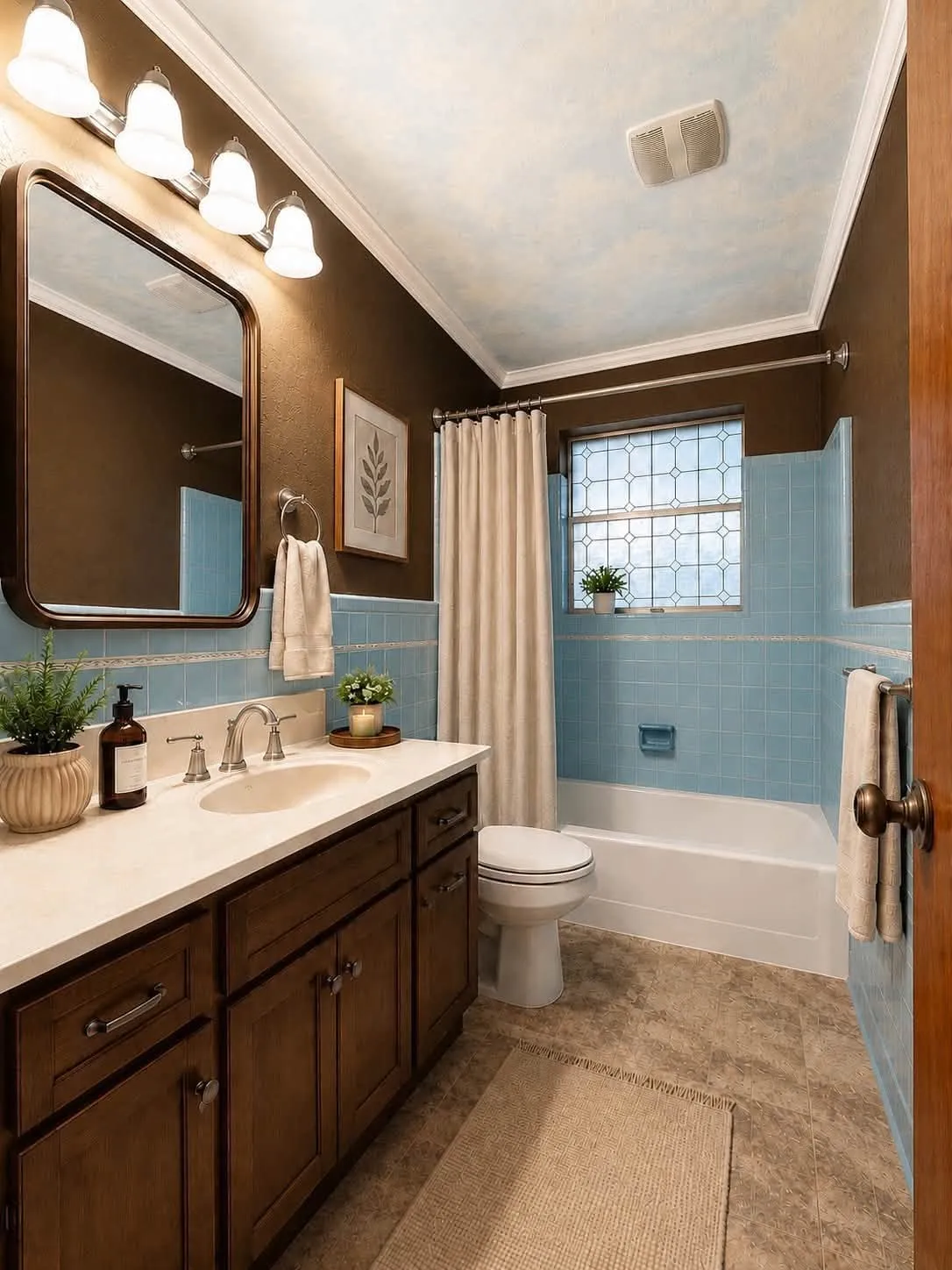Bathroom featuring a vanity with dark wood-finish cabinetry, a white countertop, and an integrated sink