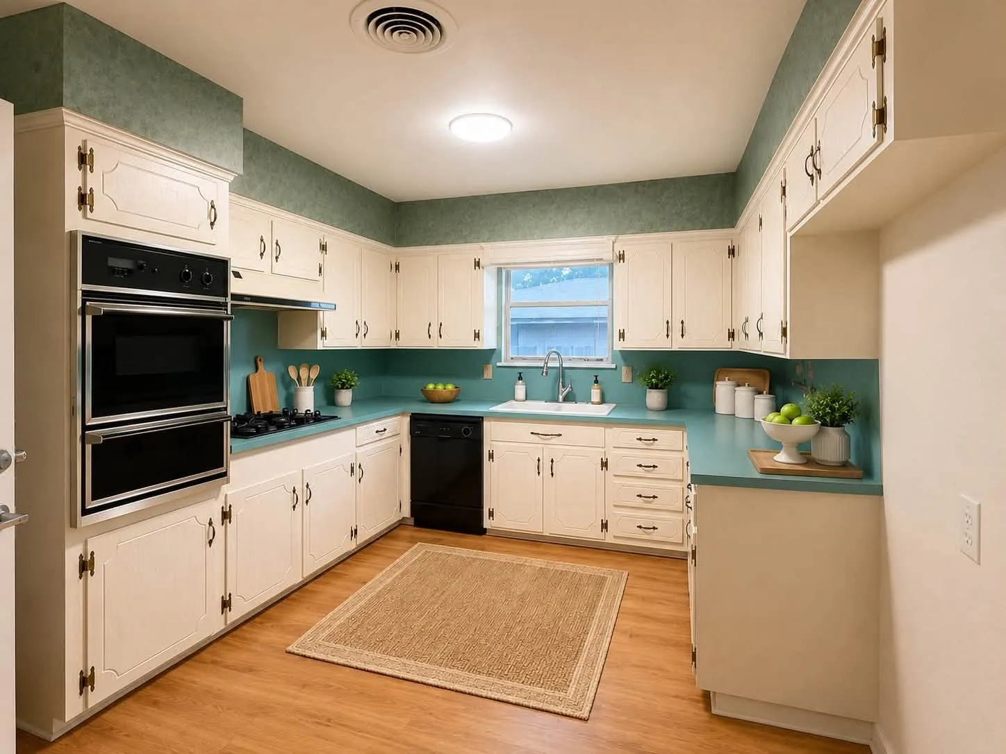 U-shaped kitchen featuring wood-finish flooring, white cabinetry with decorative hardware, blue countertops, a built-in double oven, and an integrated dishwasher