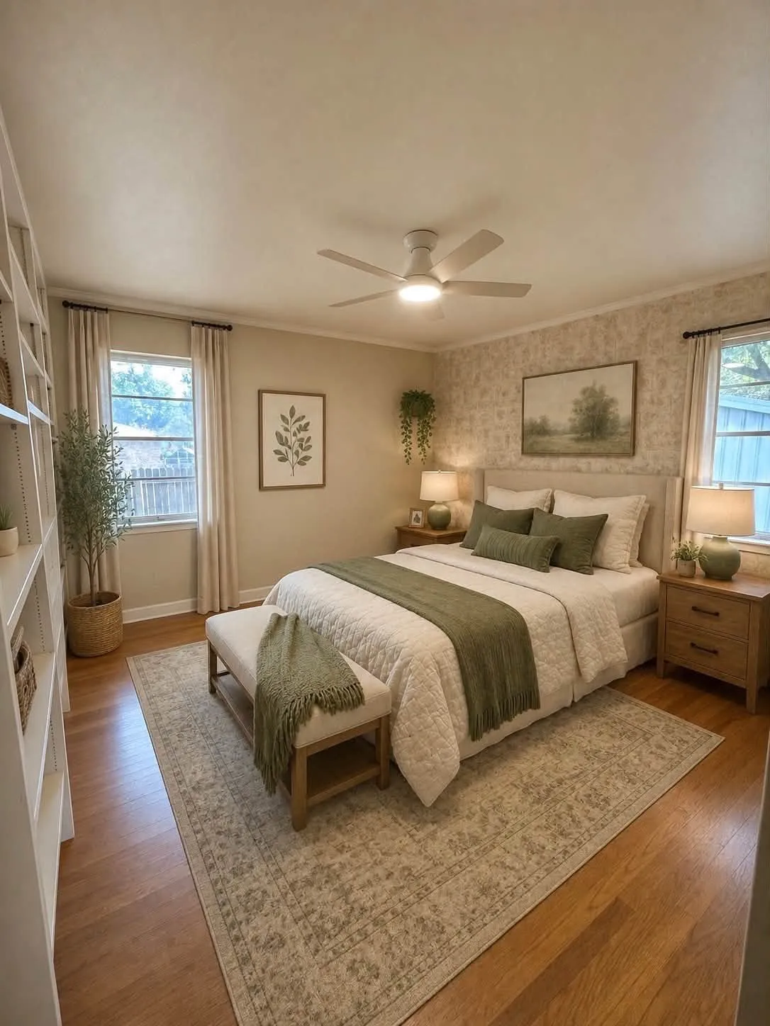 Spacious room featuring wood-finish flooring, a contemporary ceiling fan, and built-in shelving