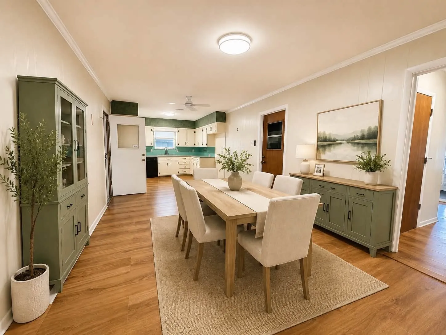 Open-concept dining area featuring wood-finish flooring, recessed lighting, and a neutral wall palette