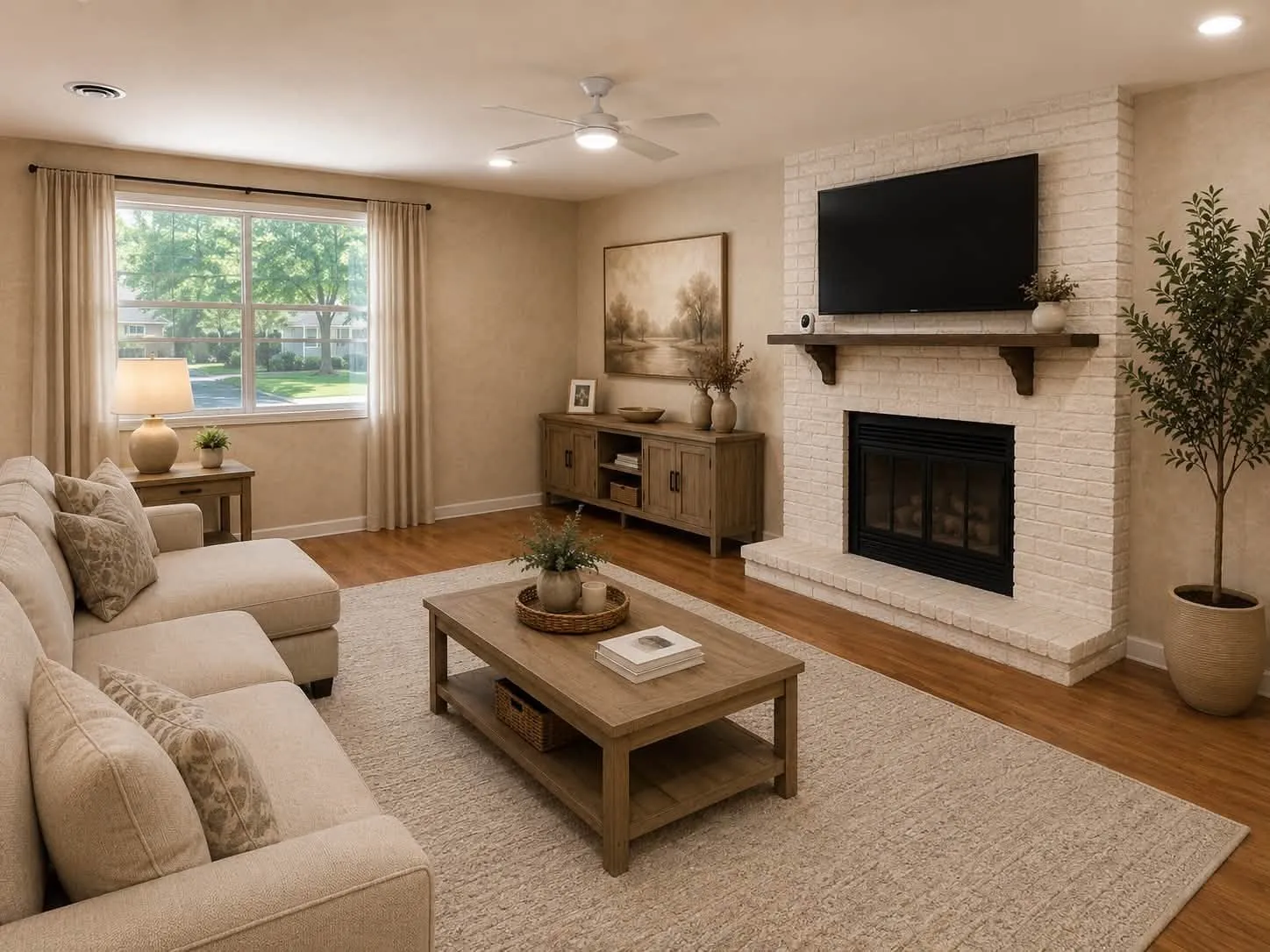 Spacious living room featuring a white brick fireplace with a dark wood mantel, wood-finish flooring, a large window, and a ceiling fan