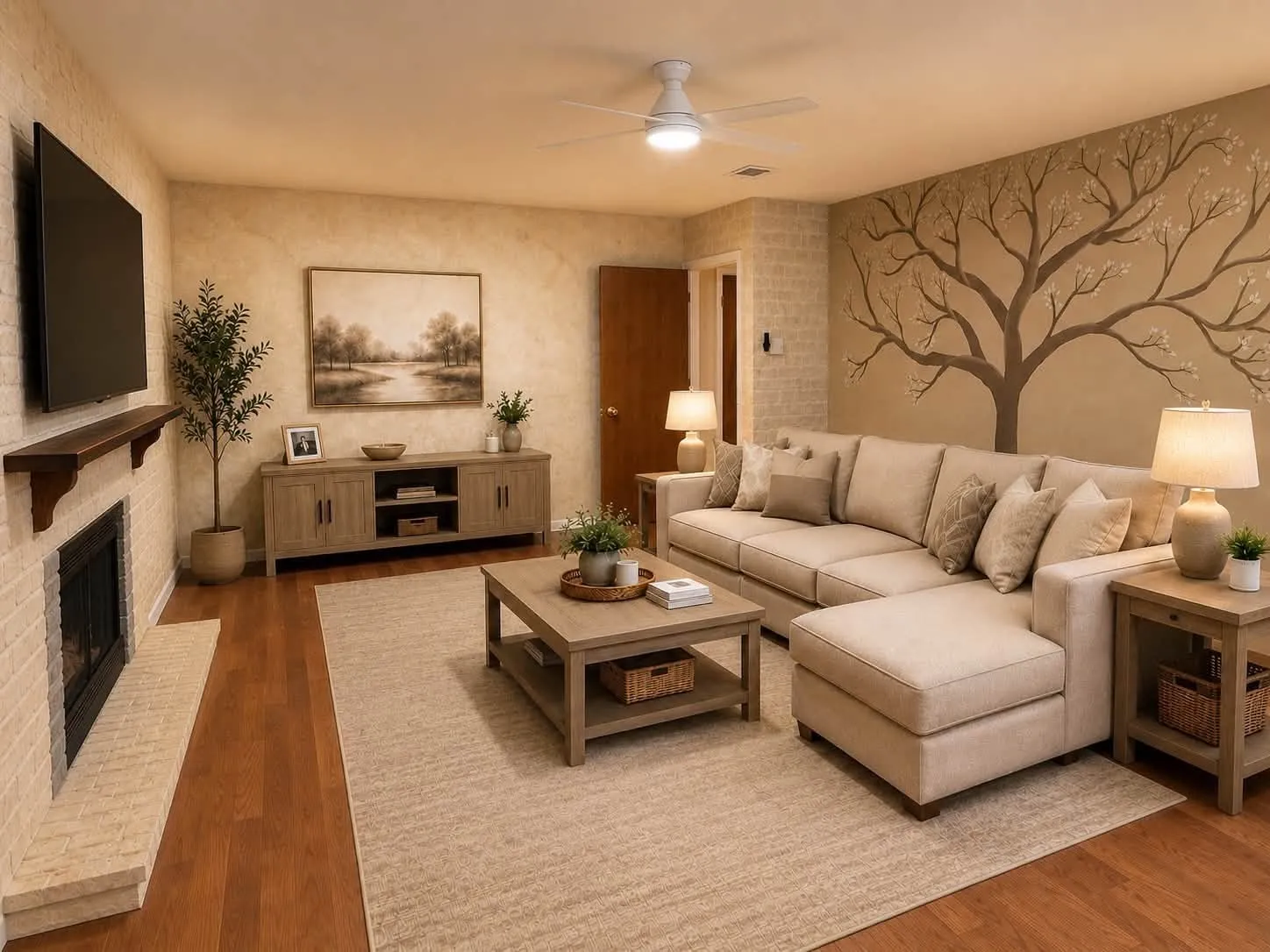 Living area featuring wood-finish flooring, a white brick fireplace with a wood mantle, and a ceiling fan with integrated lighting