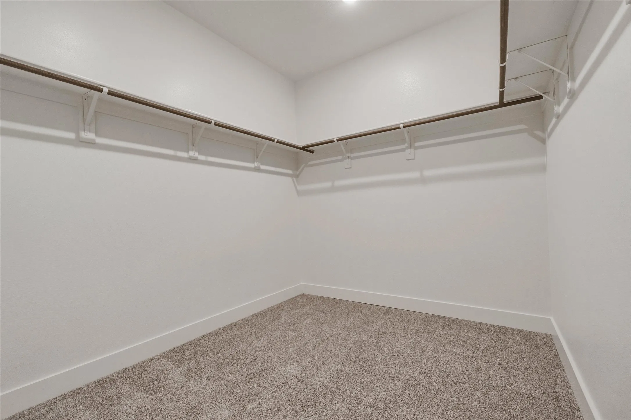 Carpeted closet with wall-mounted shelving and clothing rods