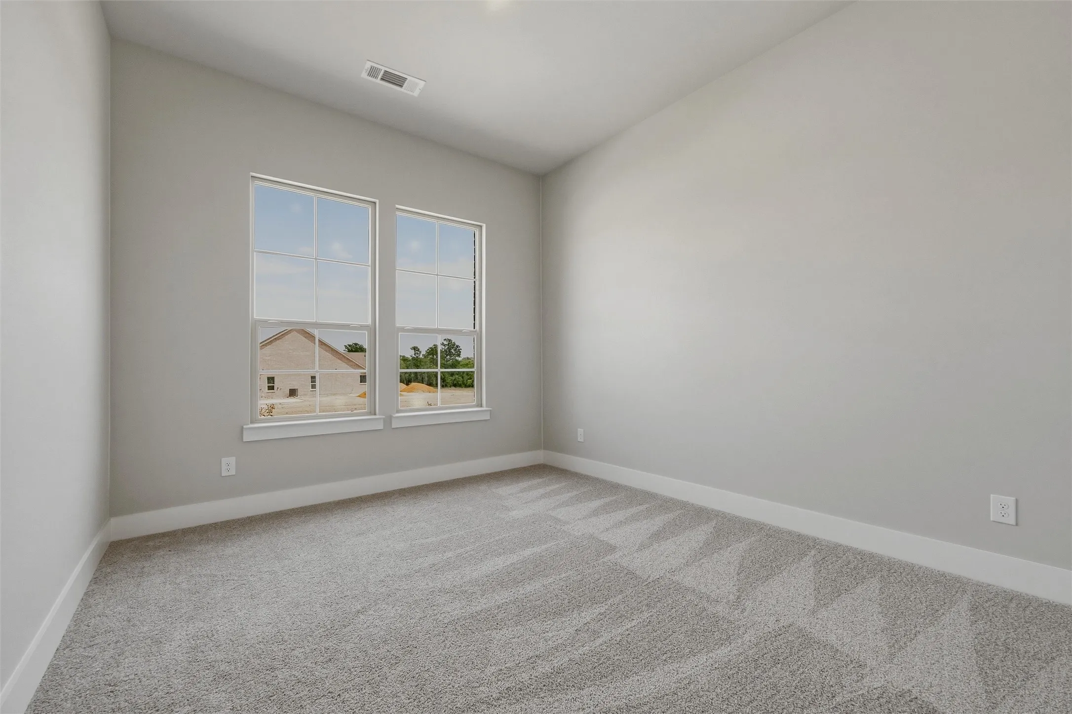 Neutral wall paint, plush carpeting, dual pane windows, and a ceiling-mounted light fixture