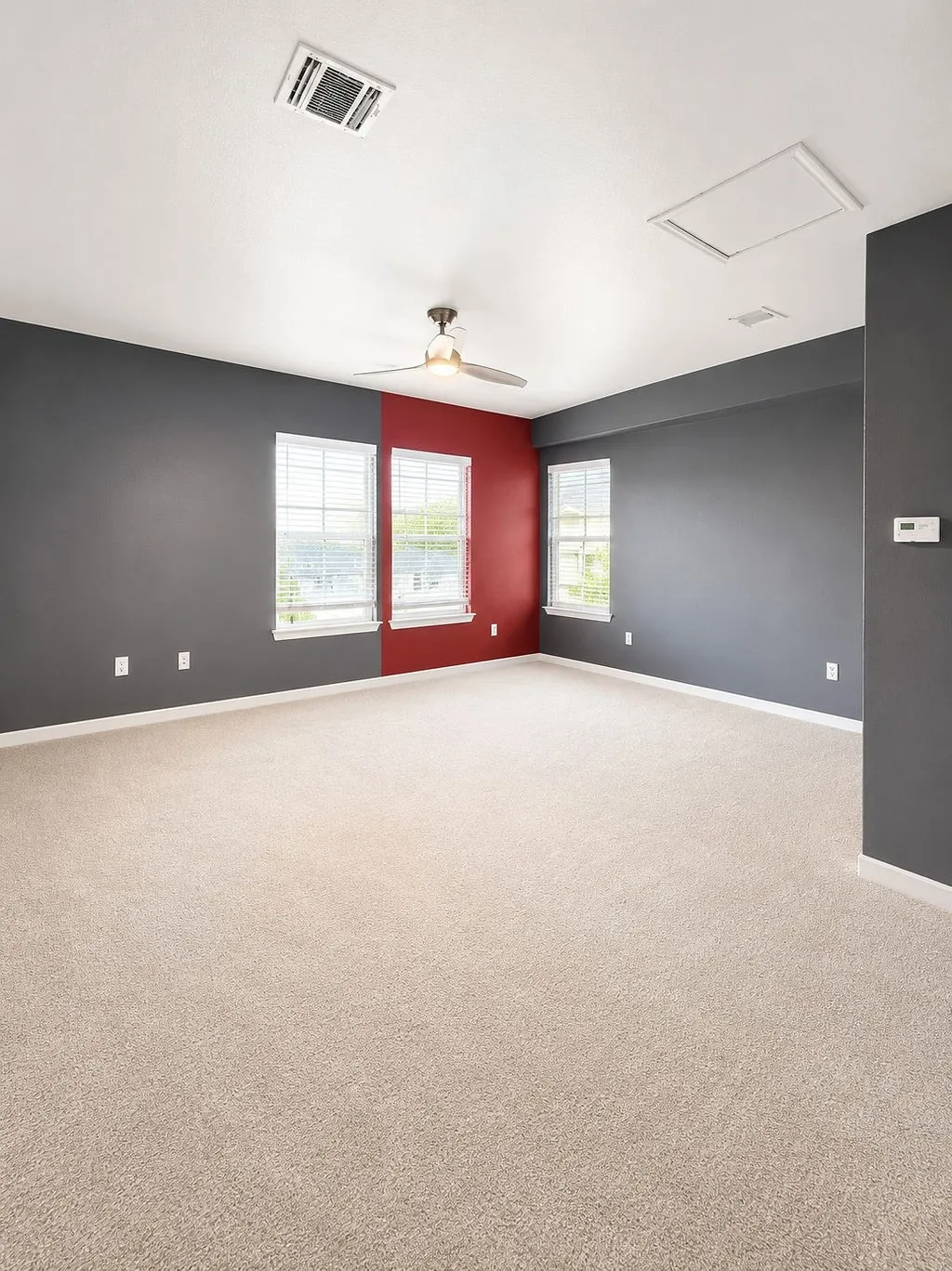 Spacious room featuring neutral carpeting, a ceiling fan with integrated lighting, multiple windows with blinds, and contrasting accent walls