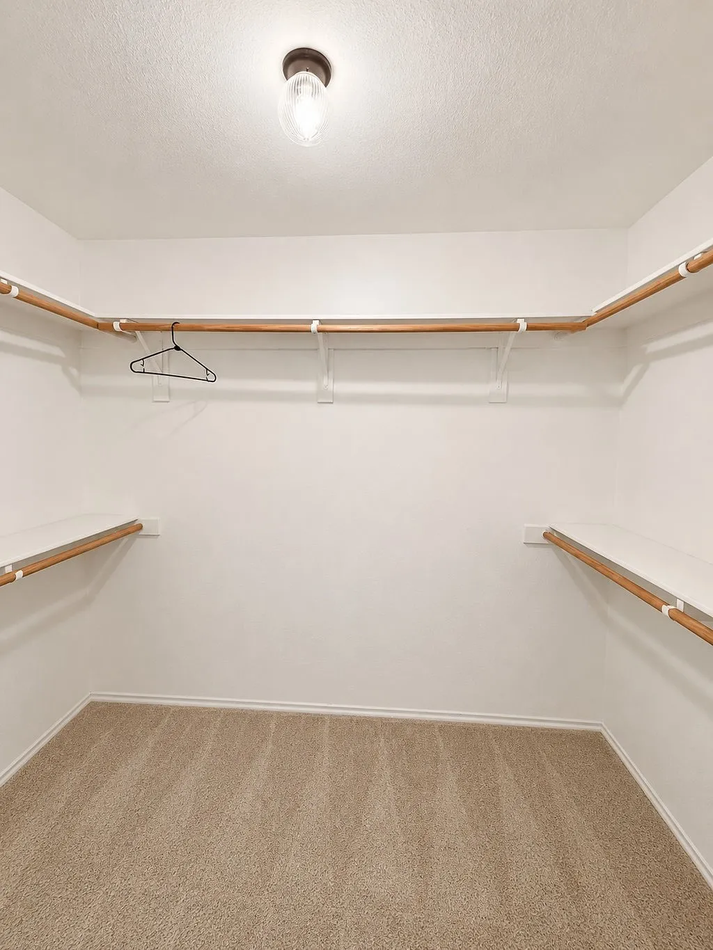 Spacious walk-in closet featuring light-colored carpeting, white walls, and built-in shelving with hanging rods