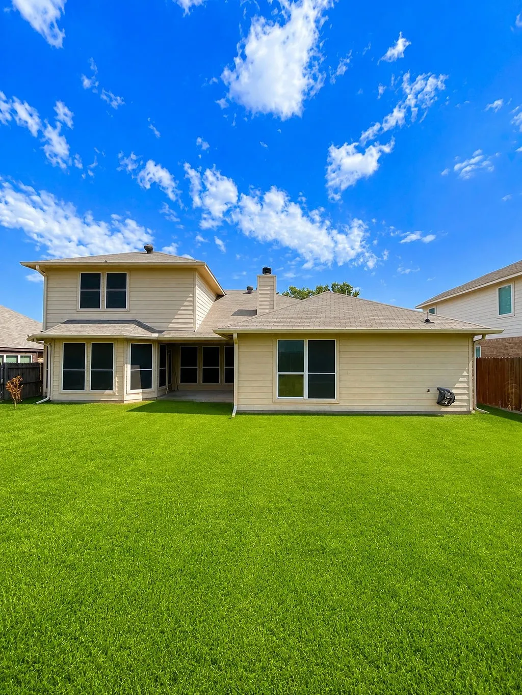 Expansive backyard featuring a manicured lawn, a beige siding exterior, and multiple windows