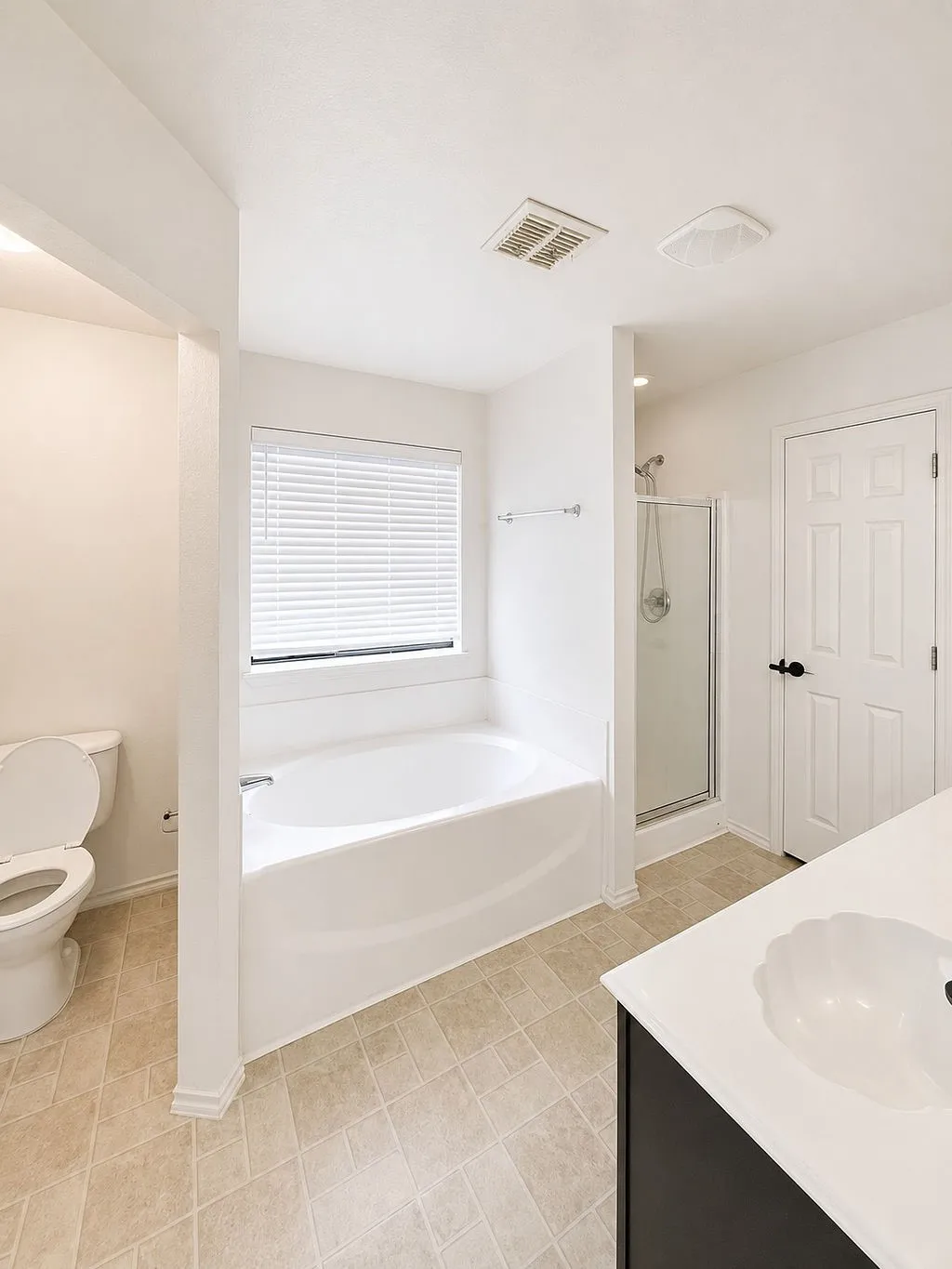 Bathroom featuring a soaking tub with window, separate shower enclosure, and vanity with integrated sink