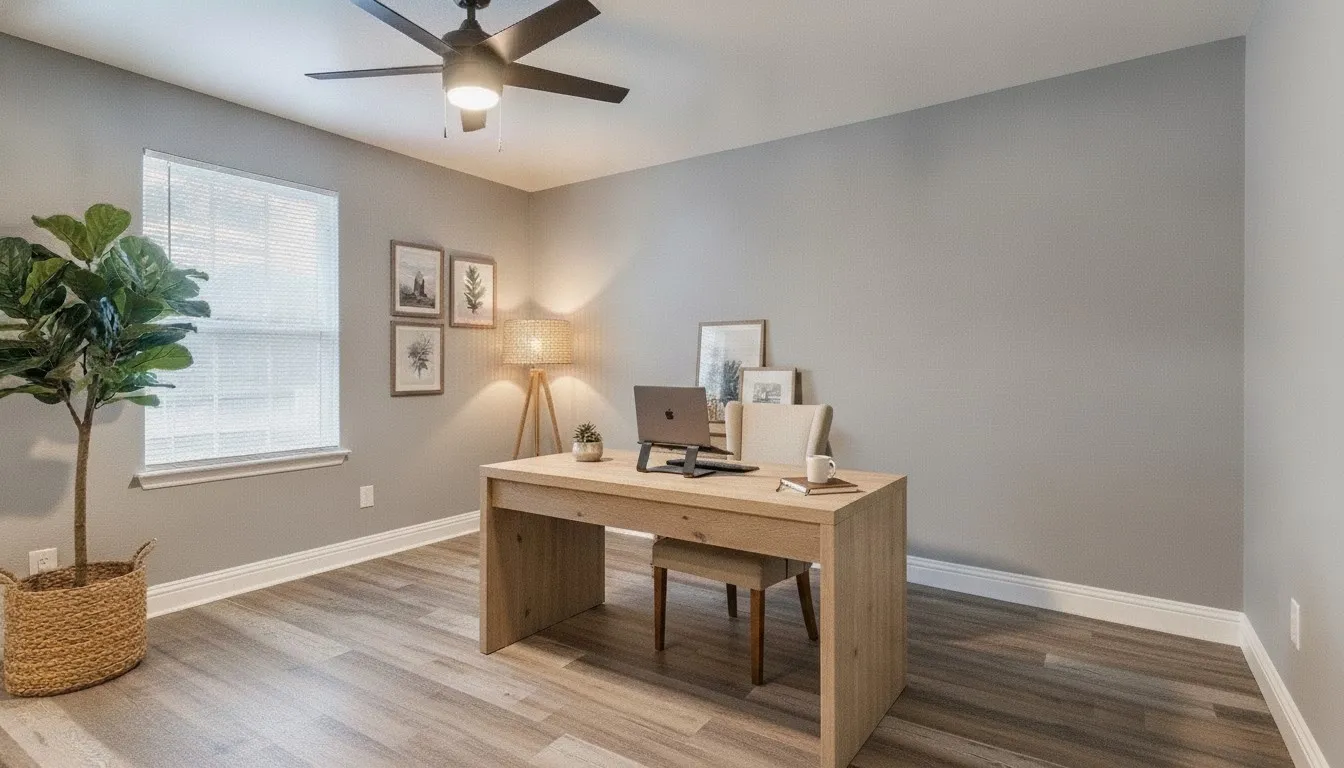 bedroom virtually staged as an office