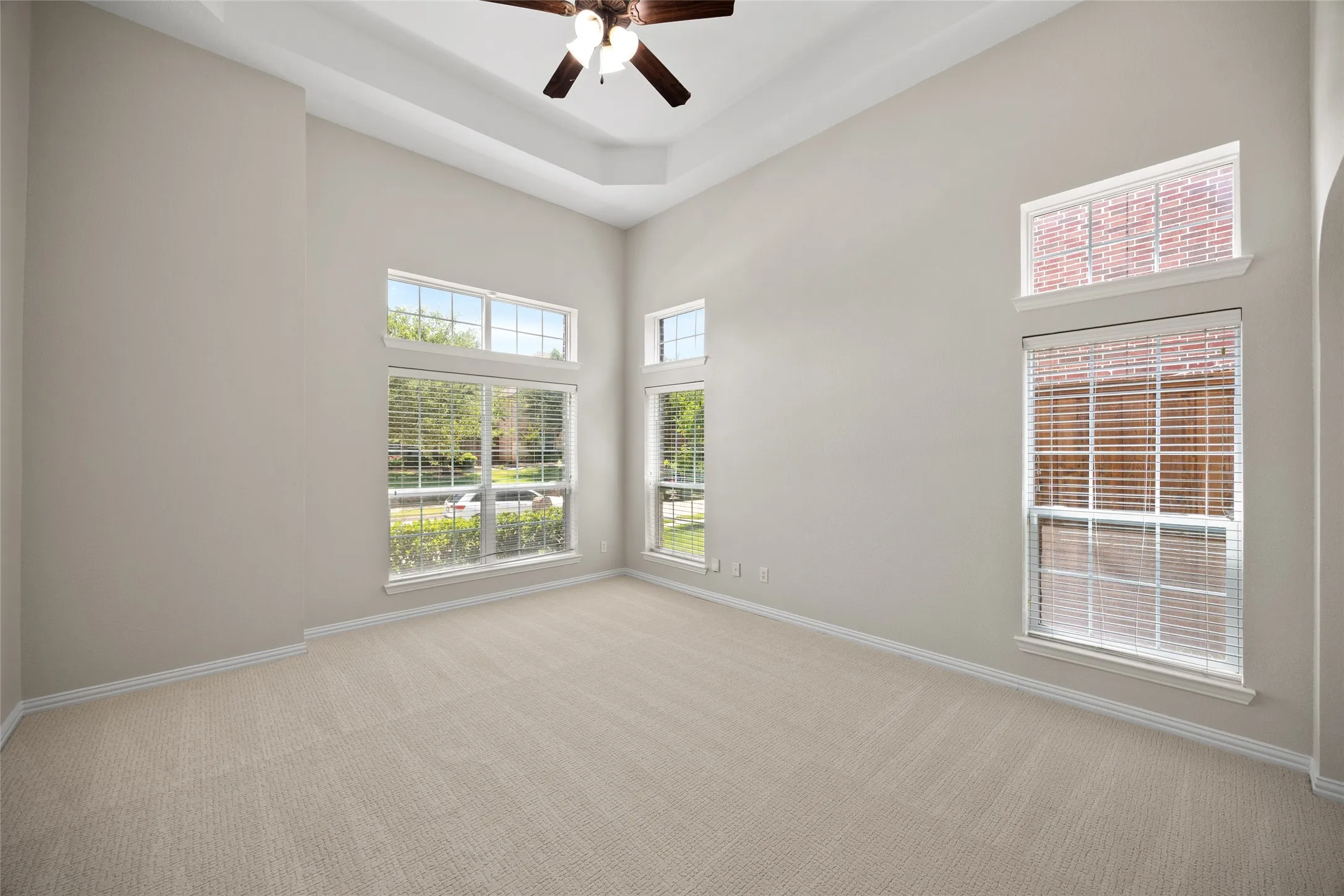 Spacious bedroom on ground floor with a vaulted ceiling, tray ceiling detail, and a ceiling fan