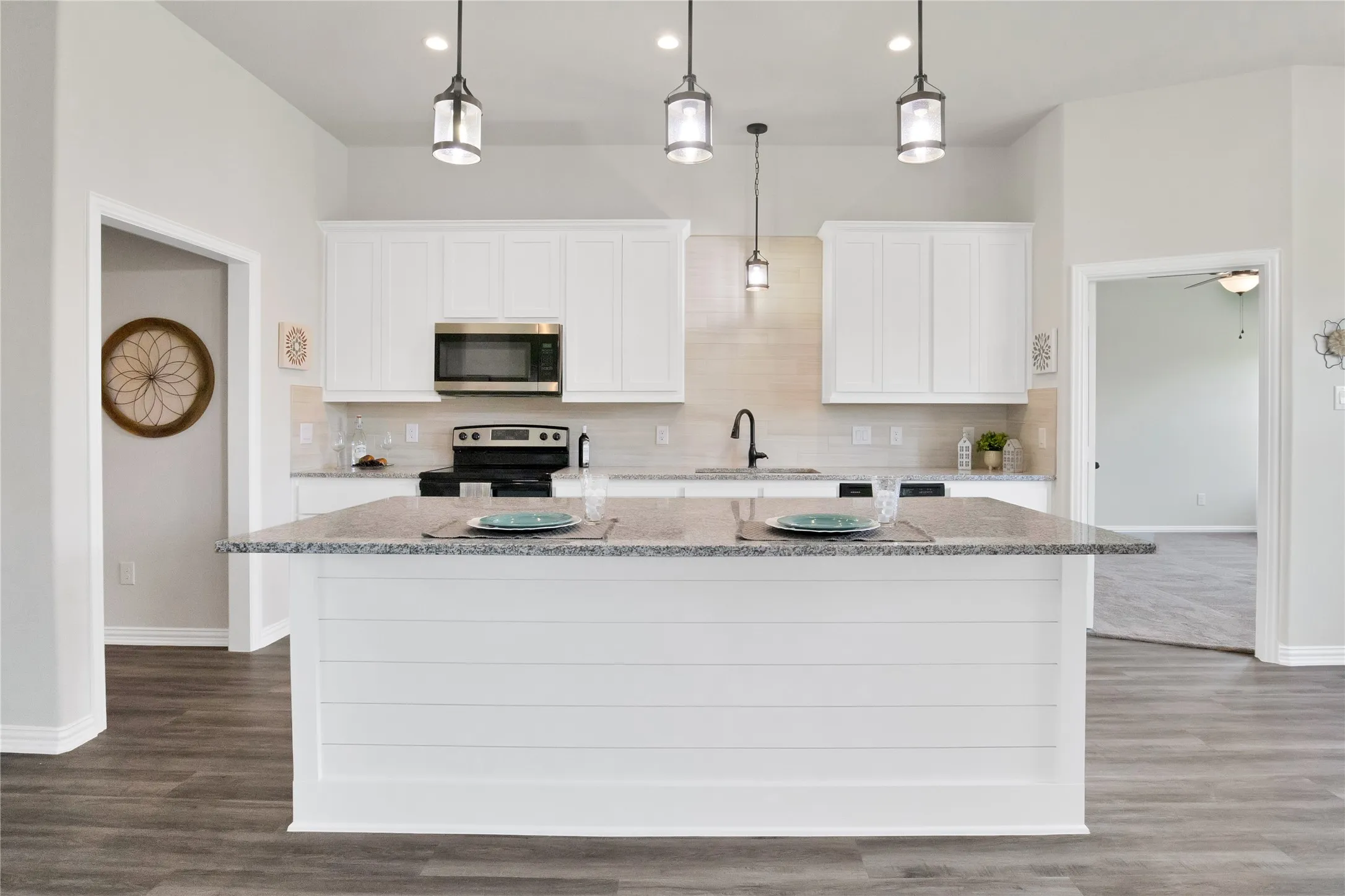 Oversized island with granite and custom shiplap face!