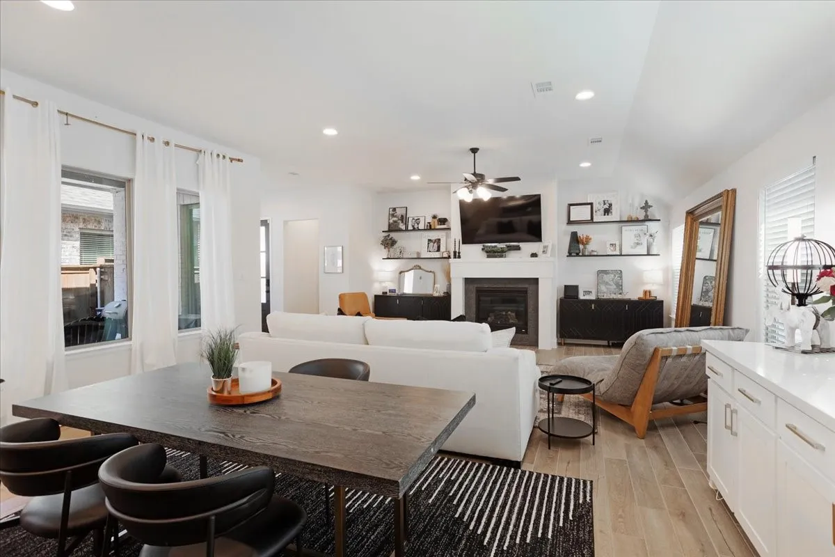 The dining room looks over the living area