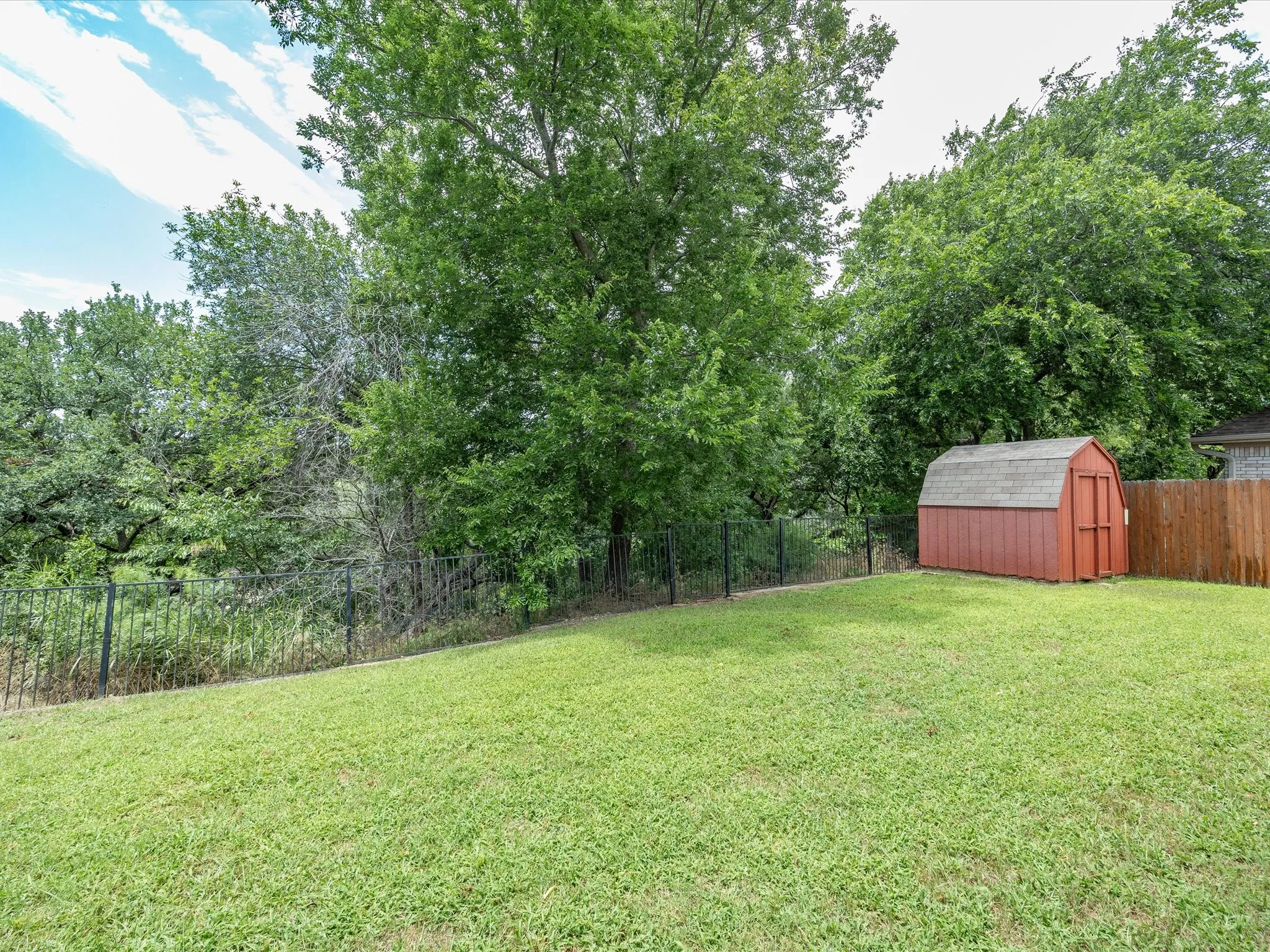 Spacious green lawn featuring mature trees, a black metal fence, and a red gambrel roof shed with wood paneling
