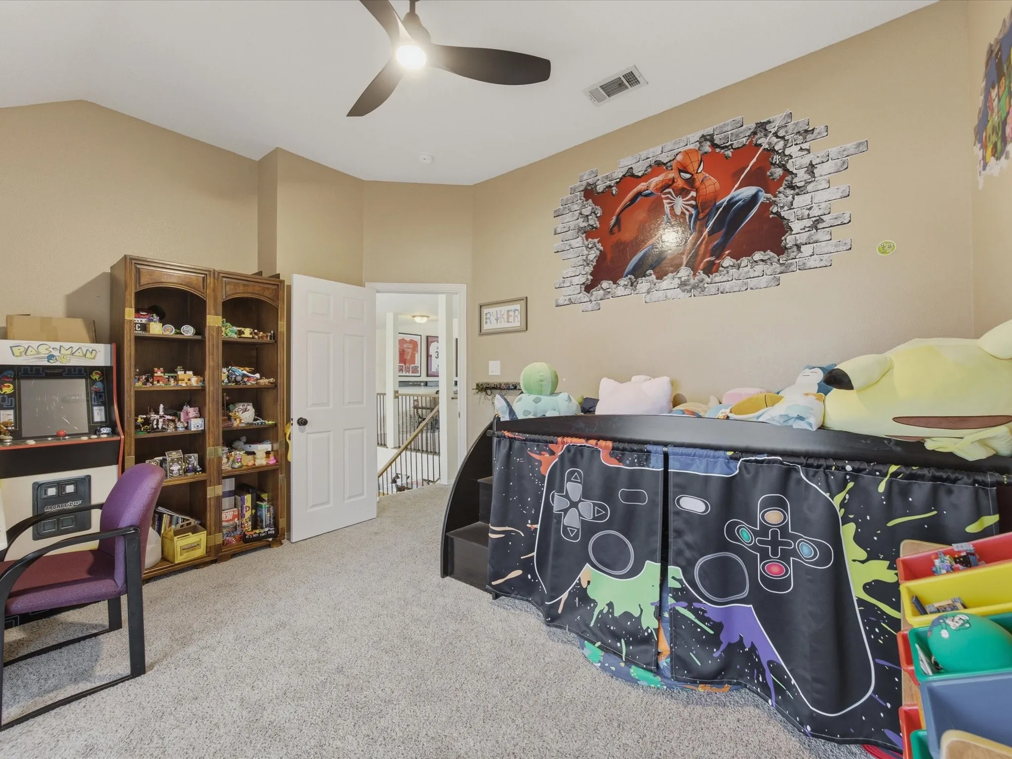 Carpeted room featuring a ceiling fan with integrated lighting, and a window with blinds