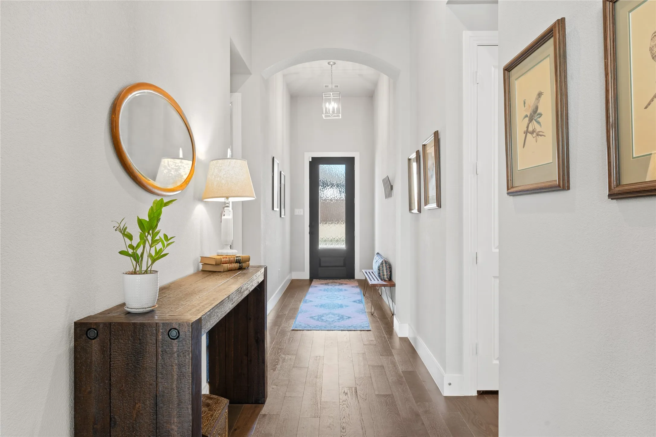 Beautiful front door and long hallway