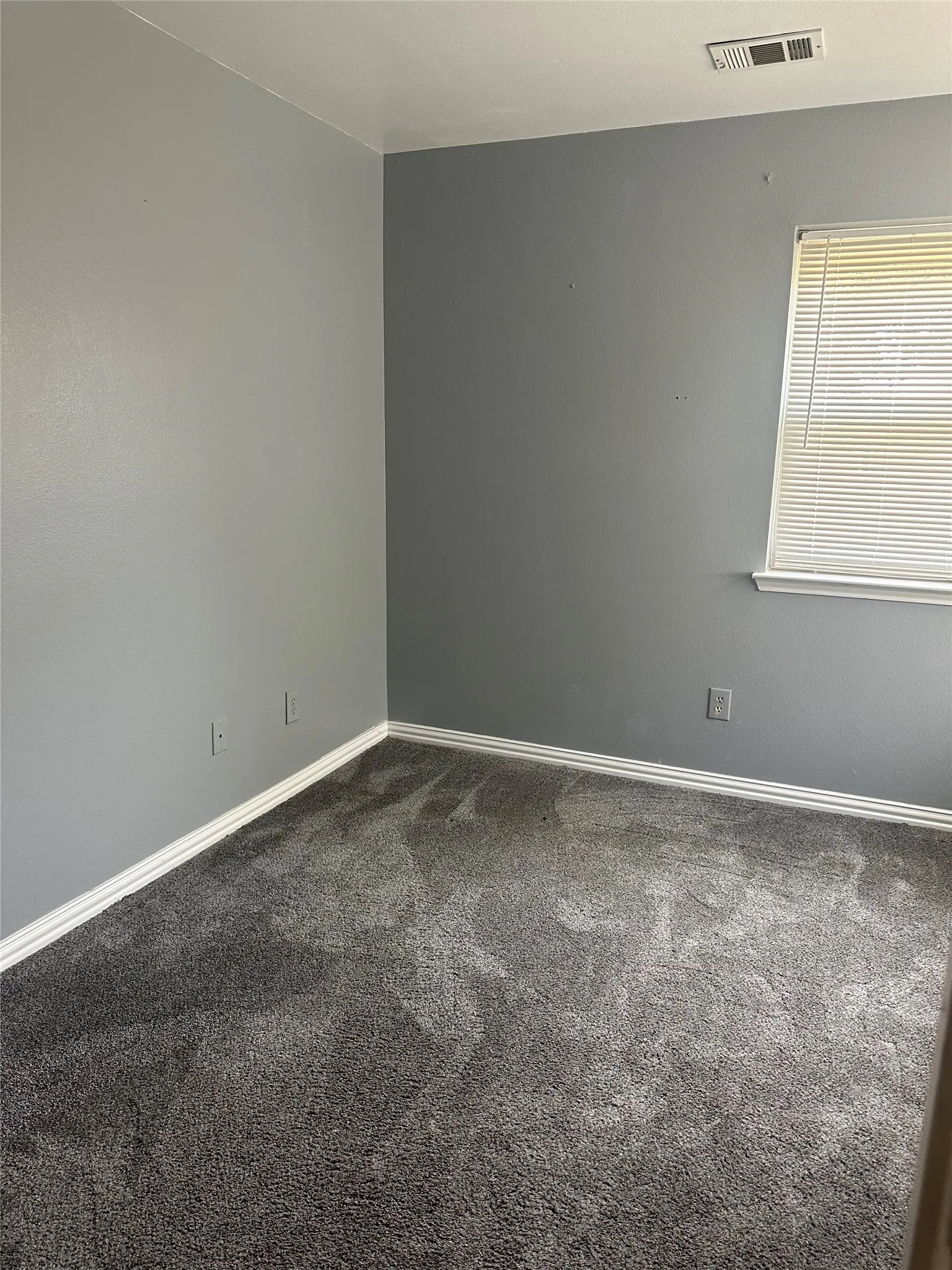 Neutral gray walls with white trim and gray carpeting