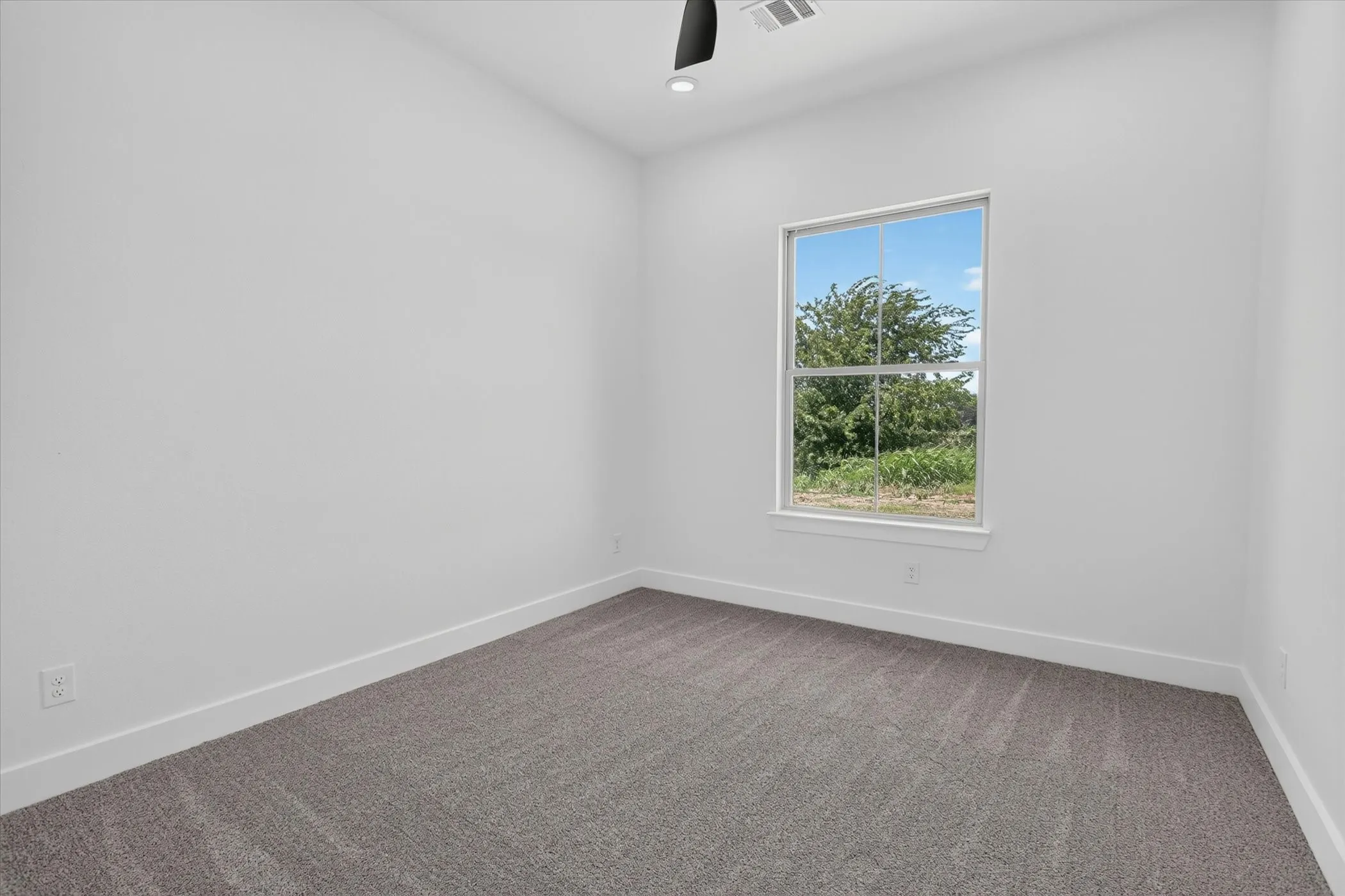 Room with a single-pane window overlooking natural scenery, featuring neutral carpeting and white baseboards