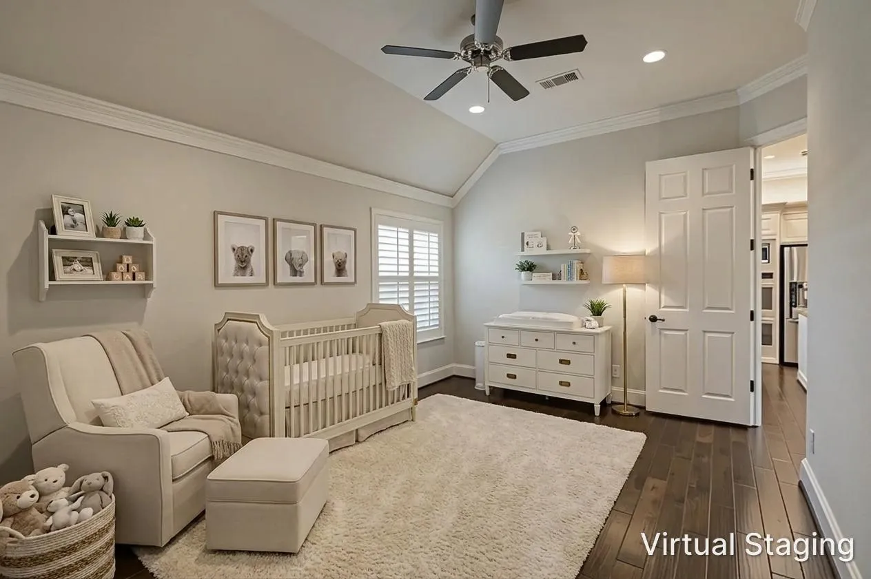 This bonus room is so versatile!  The space gives way to your lifestyle choices...a charming nursery for a newborn on the same floor as parents - or a cute room for visiting grandchildren, as the virtual staging suggests.  But other buyers might need an exercise room, hobby room, homeschooling space, second office or any other use that meets their needs.  It is conveniently located just off the kitchen.