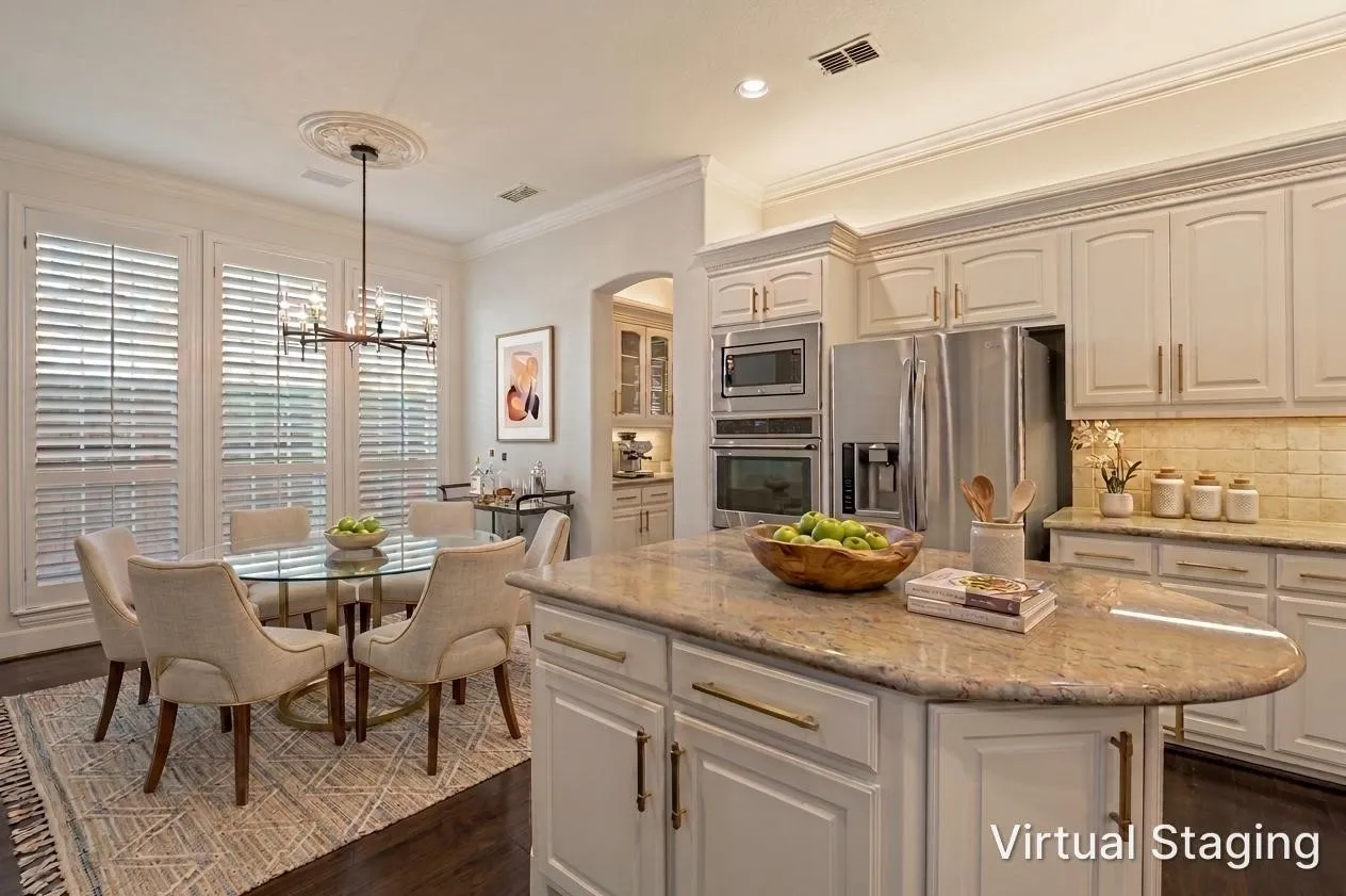 The kitchen harmoniously connects to the casual dining area.  Family meals or casual dinners with guests will be pleasant in the spacious nook.  Three large windows open the space to the outdoors.  Shutters are available when needed.  Whether you are a gourmet chef or a microwave diva, you will love this cheerful beautifully updated kitchen. The room was virtually staged to give buyers a suggestion of how furniture might fit in the room.