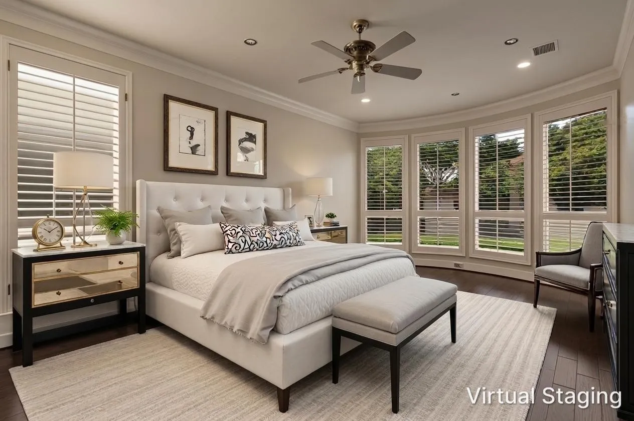The primary suite is a haven of relaxation for owners. Elegant crown molding and wood floors set the stage for plenty of furniture in the bedroom.  A curved wall of windows has shutters and creates a delightful spot for a sitting area.  A breezy ceiling fan is above, if desired, and recessed lights also are in the ceiling.  A second window on the side of the room adds extra natural light.  Blackout shades are available behind the shutters.  The room was virtually staged to give buyers a suggestion of how furniture might fit in the room.
