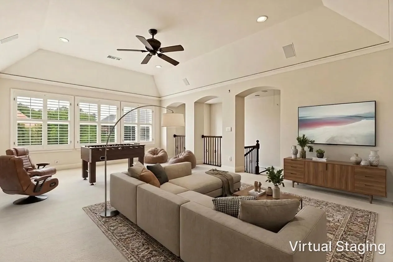 Upstairs the fun begins in this large gameroom!  There is room for a pool table, or a nice seating area and game table, foosball table, arcade games - or even summersaults and cartwheels by the younger set on the soft carpet.  A wall of windows allows natural light, and recessed lights are also available in the tray ceiling.  This home is filled with a variety of functional living spaces.  The room was virtually staged to allow buyers to see possible furniture options.