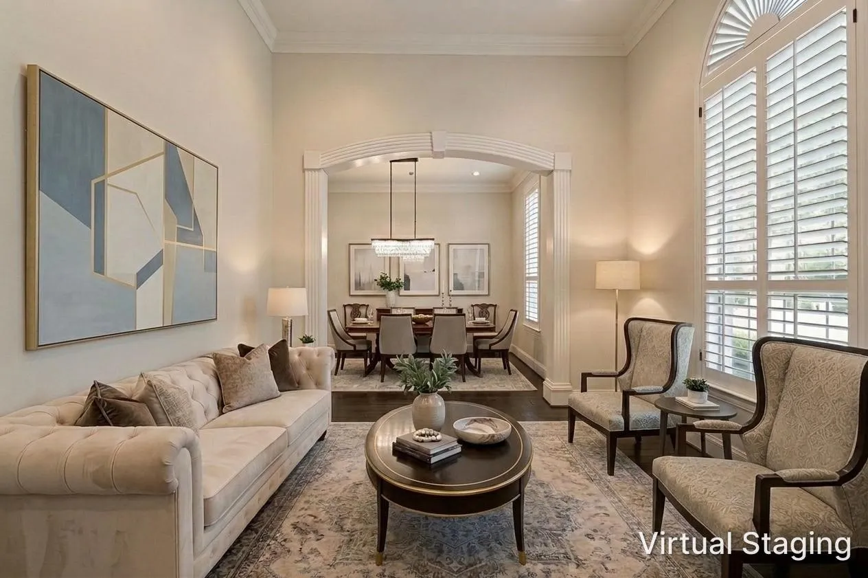 The formal living and dining rooms are the ideal places for special family occasions and gracious entertaining.  Tall ceilings are decorated with crown molding, and both the tall arched window in the living room and the window in the dining room have shutters.  Another archway trimmed with column and bonnet millwork leads to the dining room where a striking chandelier  shines above the table.  Both rooms have wood floors and recessed lights.  The formal areas were virtually staged to give buyers a suggestion of how furniture might fit in these two spaces.