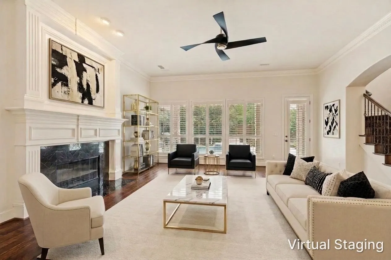 The family room at the back of the home anchors the heart of the home.  Family activities and casual entertaining are fun in this comfortable room.  A wall of windows and a door to the patio provide pleasant views of the back yard and enable a seamless indoor-outdoor lifestyle.  A breezy ceiling fan is above.  The room was virtually staged to give buyers a suggestion of how furniture might fit in the room.