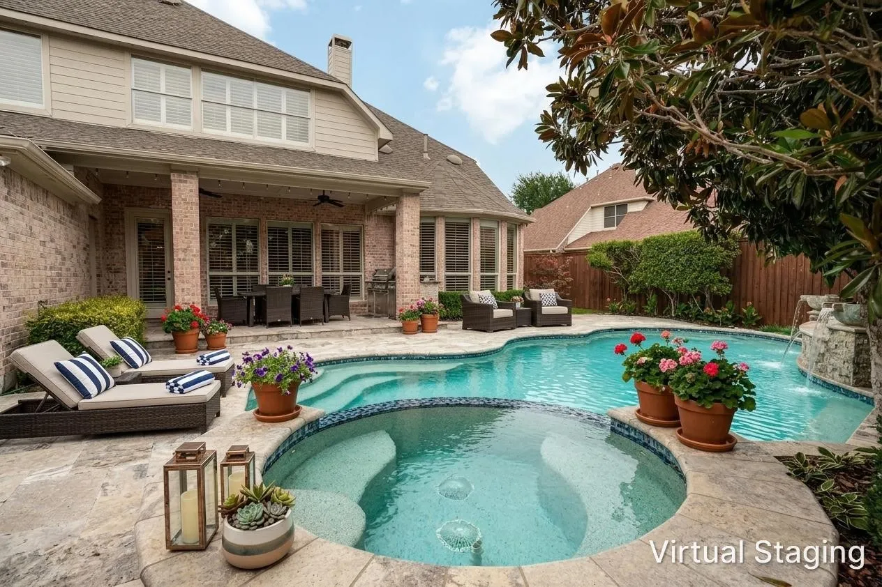 This backyard was designed for year around enjoyment!  The covered patio will be a nice shady spot to relax or dine al fresco.  Host family and friends for a delicious barbeque with the outdoor kitchen, lounge in the spa on cool evenings and splash in the pool to escape the summer heat!  There is plenty of room to enjoy it all!  This photo was virtually staged to to let a buyer see options for furniture around the pool.