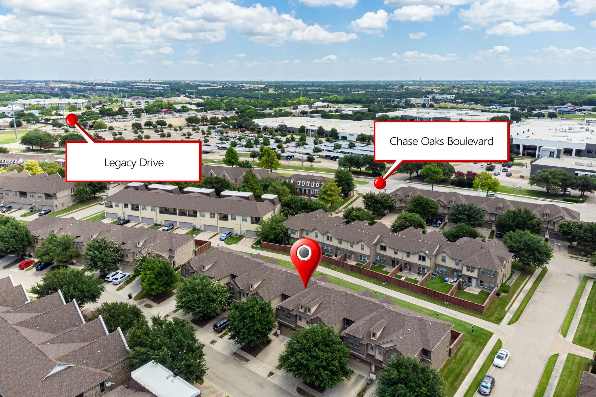 Aerial view with Legacy and Chase Oaks intersections labeled.