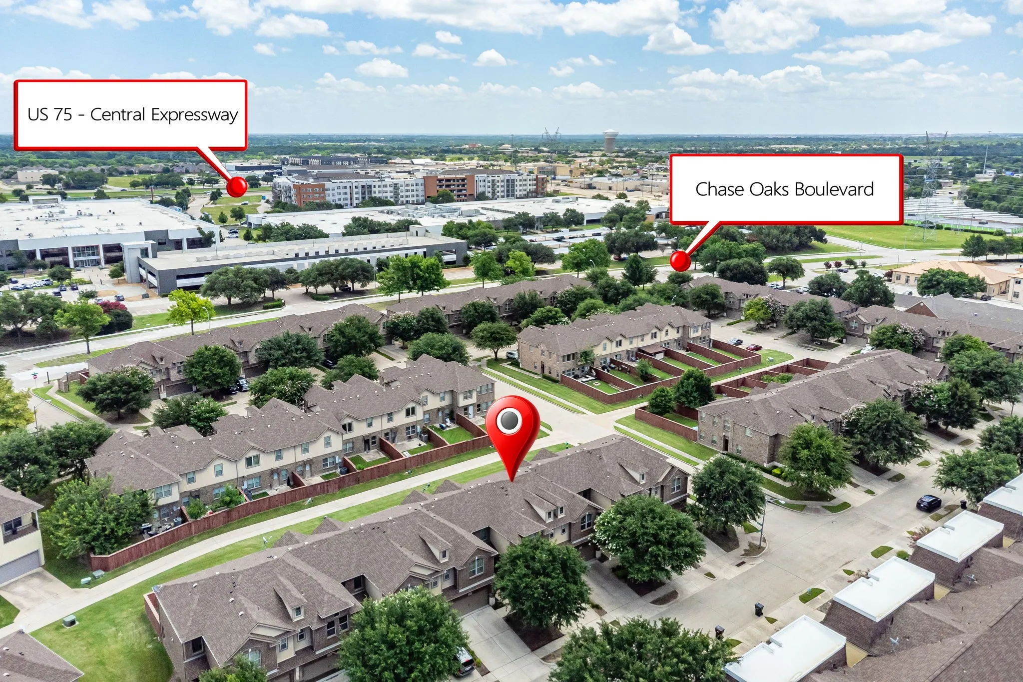 Aerial view showing proximity to US-75 (Central Expressway) and Chase Oaks Boulevard.