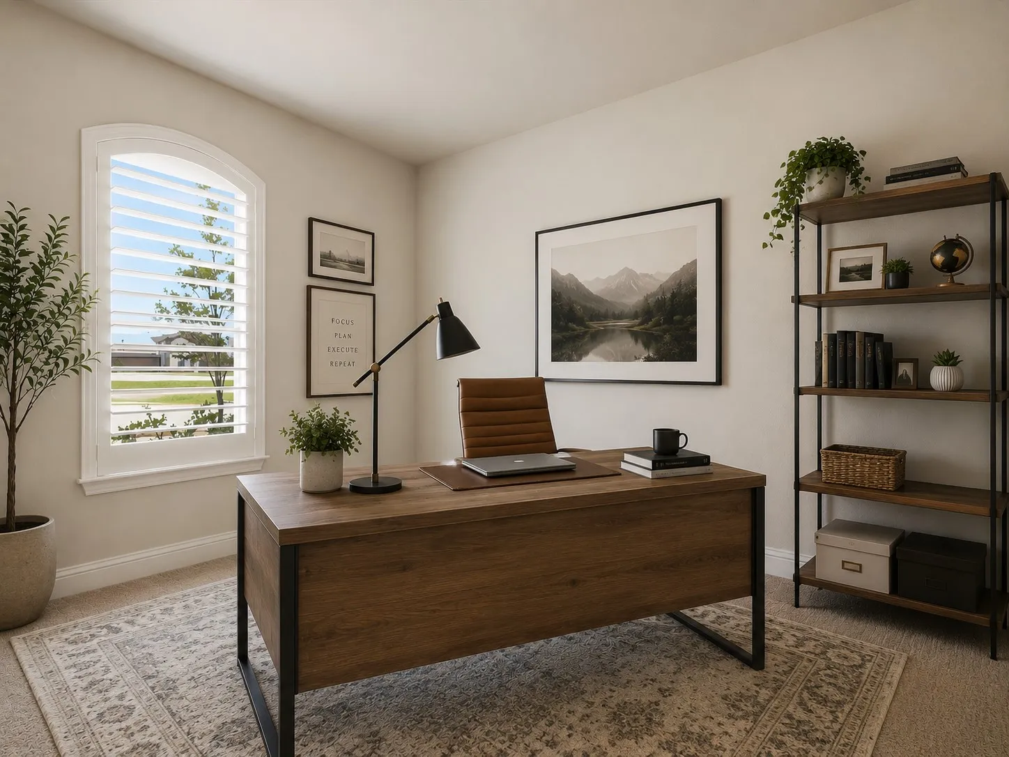 Office space featuring an arched window with plantation shutters, neutral wall tones, and carpet flooring