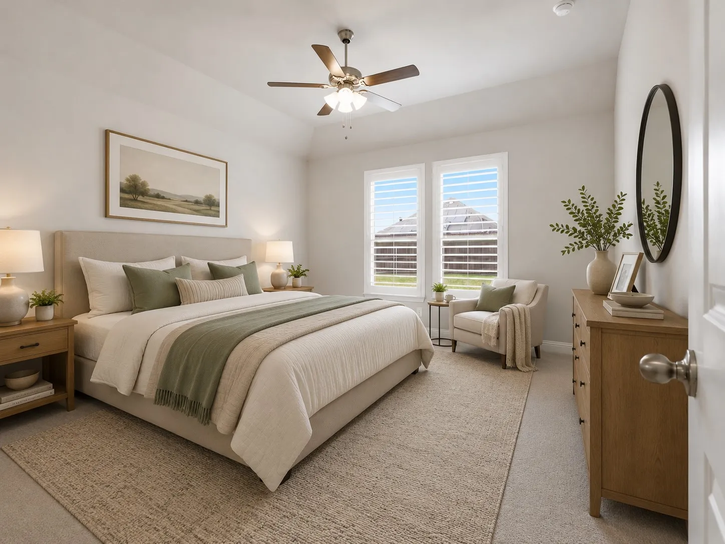 Carpeted bedroom featuring a vaulted ceiling and a ceiling fan with integrated lighting