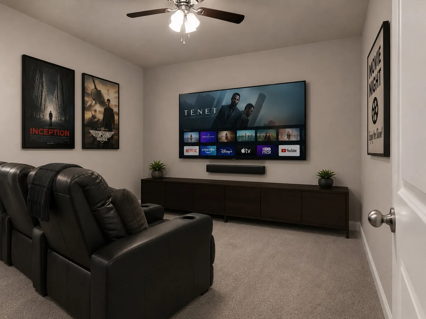 Dedicated media room featuring a wall-mounted television and a dark wood-finish media console