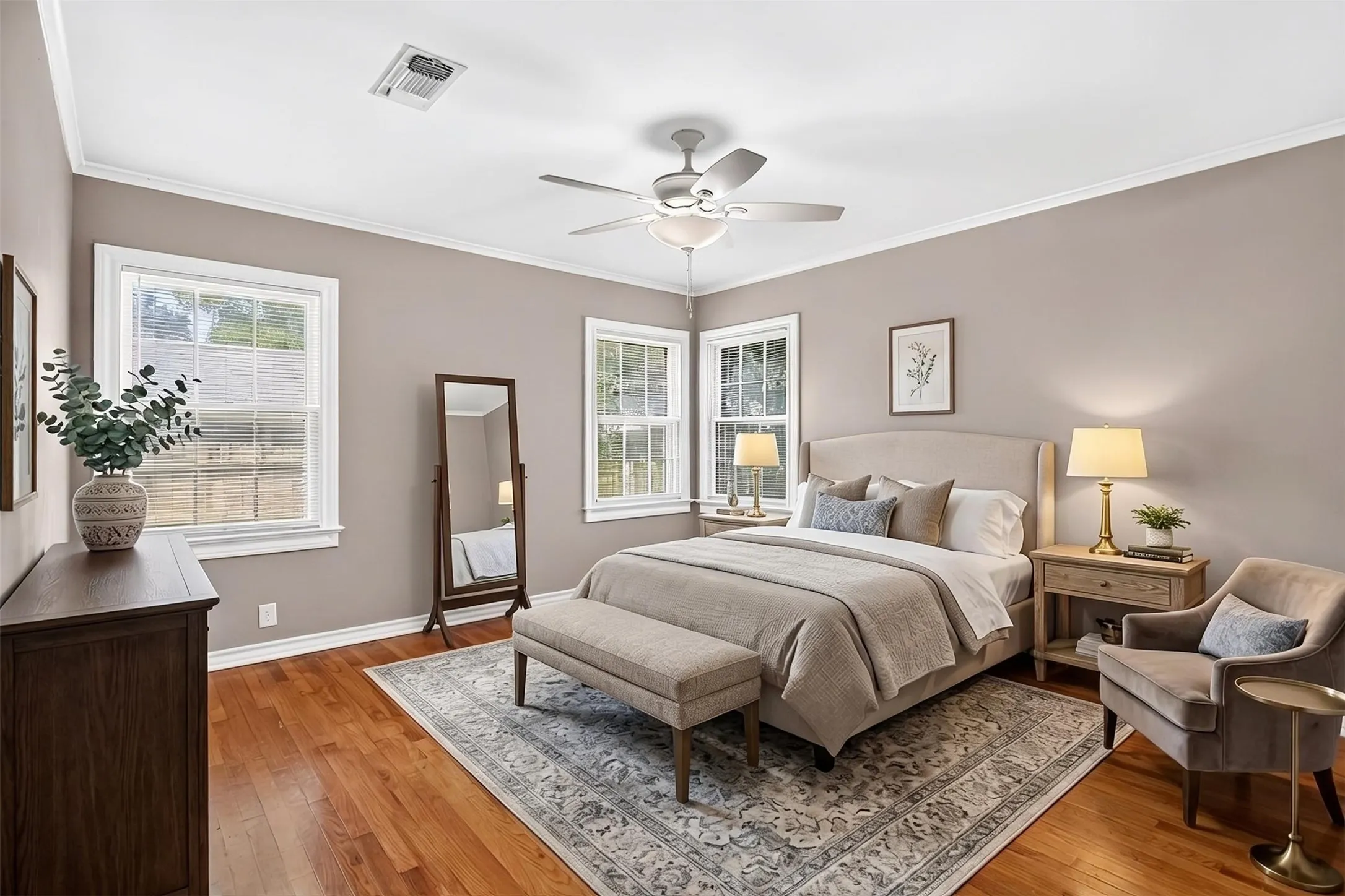 Virtually Staged: peaceful primary suite located at the back of the home.