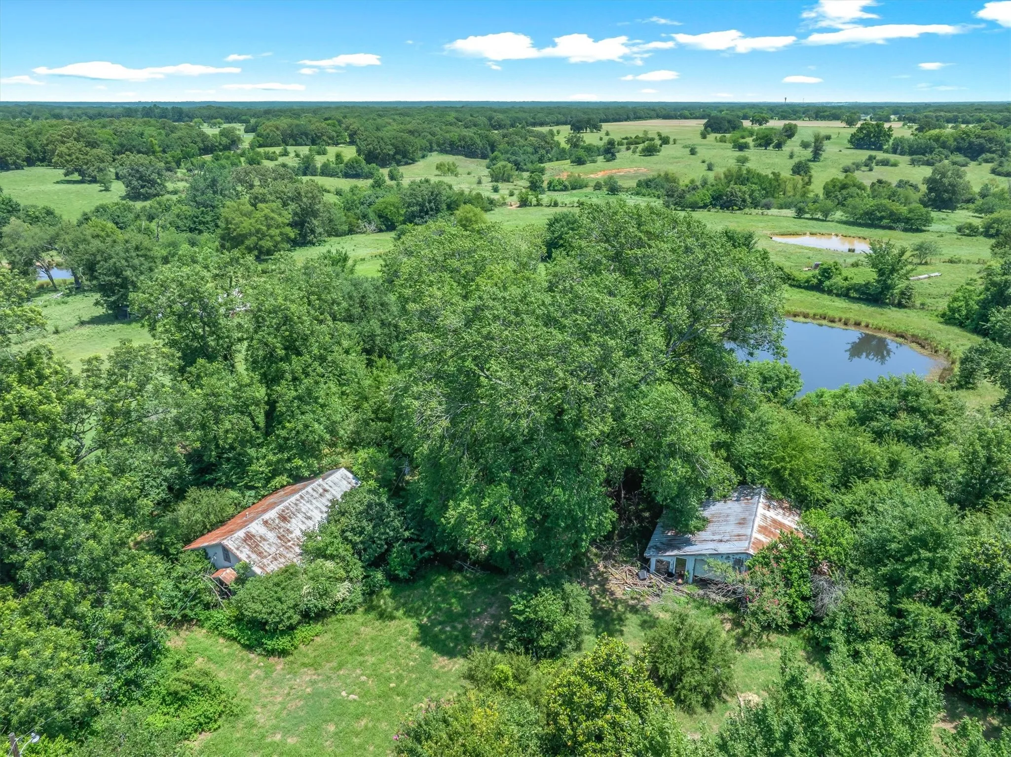 Expansive landscape featuring mature trees and two visible ponds