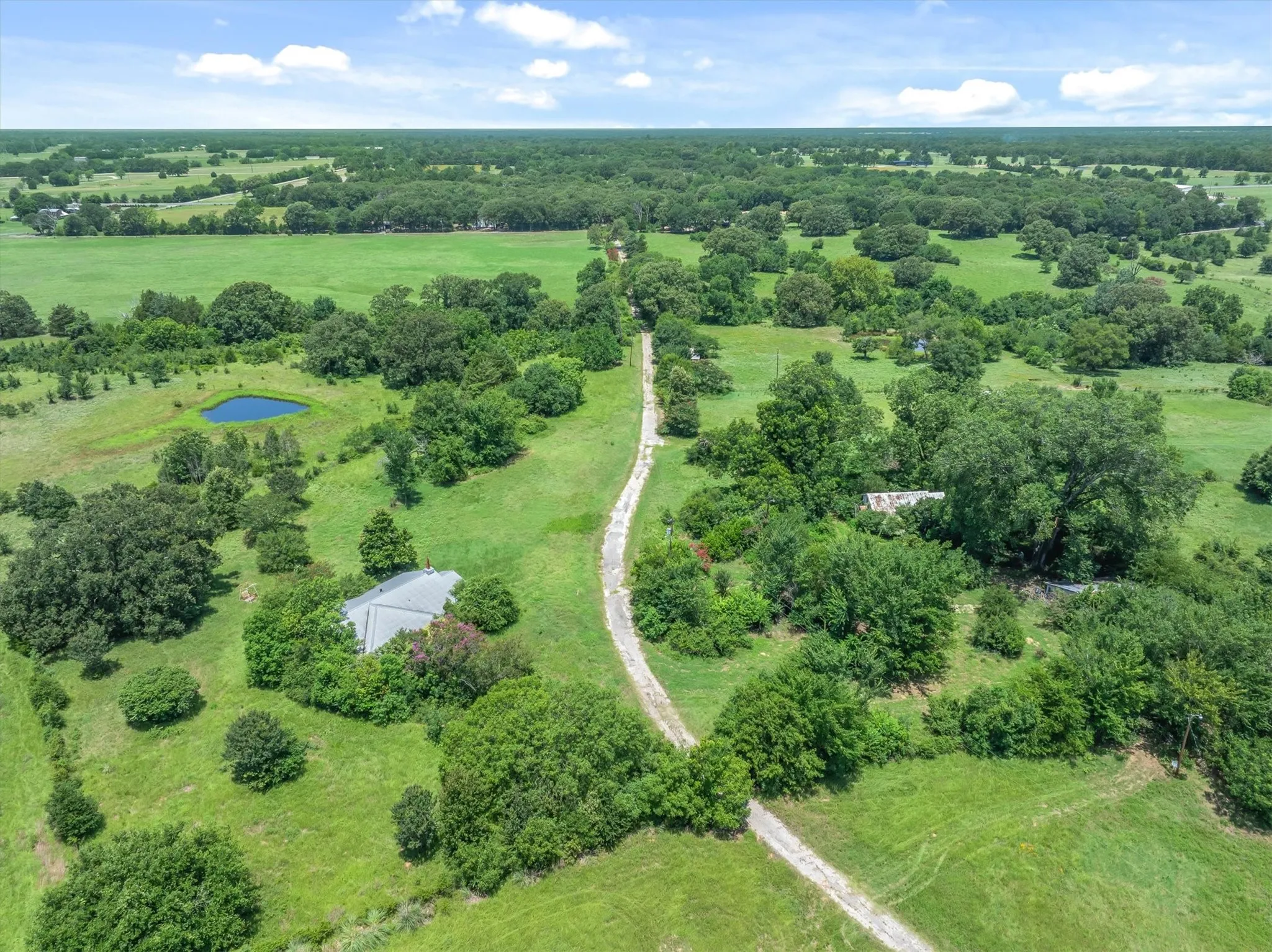 Expansive land featuring a winding dirt road, scattered mature trees, and a visible pond