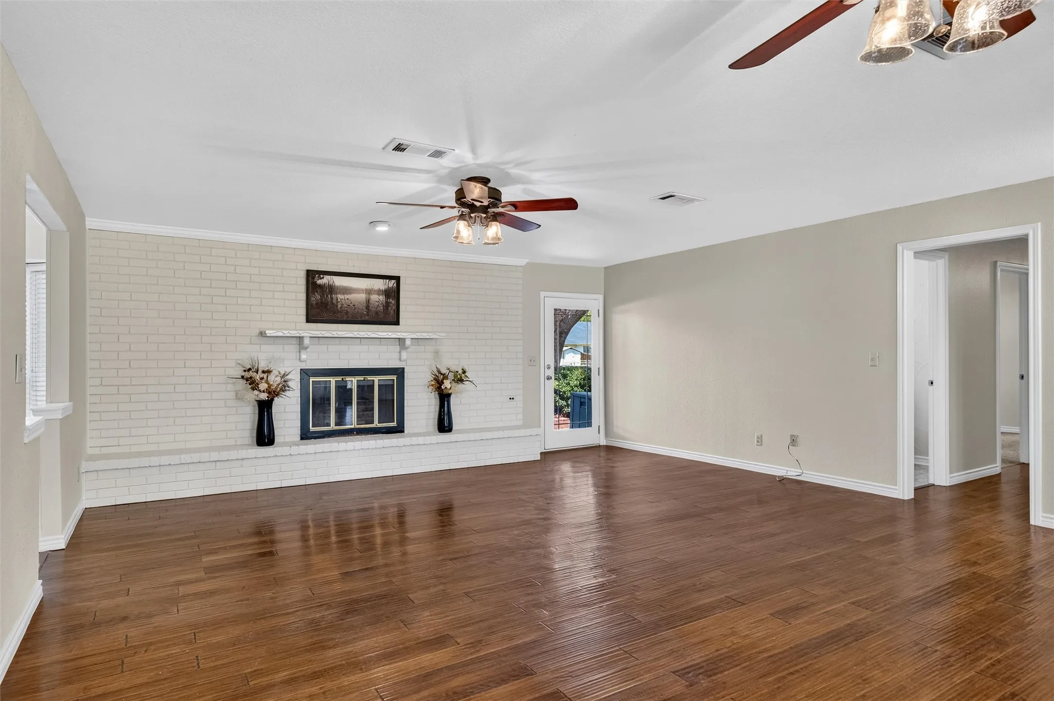Beautiful wood floors and wood burning fireplace