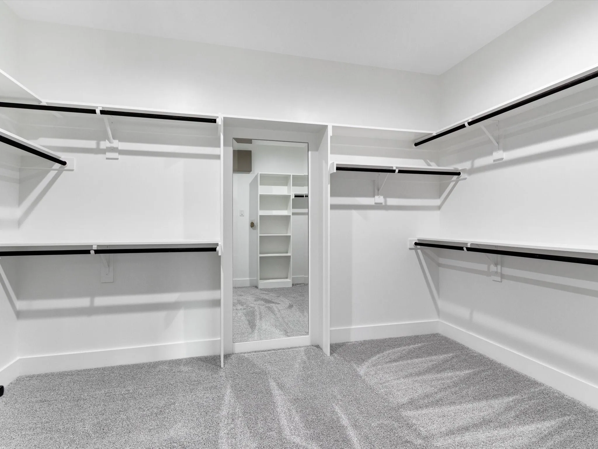 Walk-in closet featuring light gray carpet flooring, white walls, multiple built-in shelving units, and black clothing rods