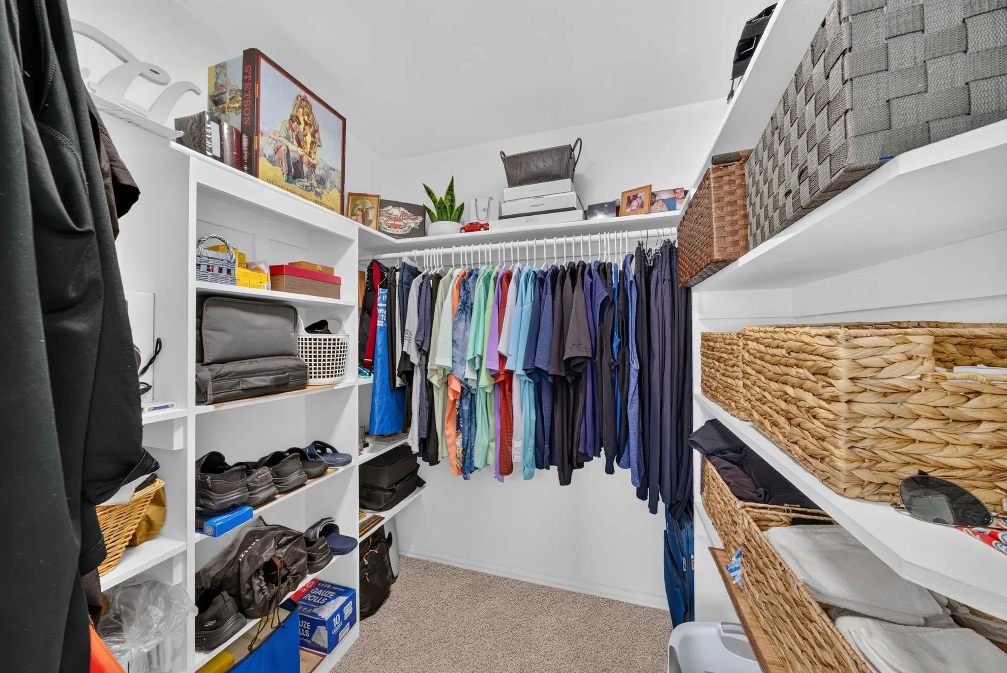 Walk-in closet featuring white built-in shelving, multiple hanging rods, and carpeting