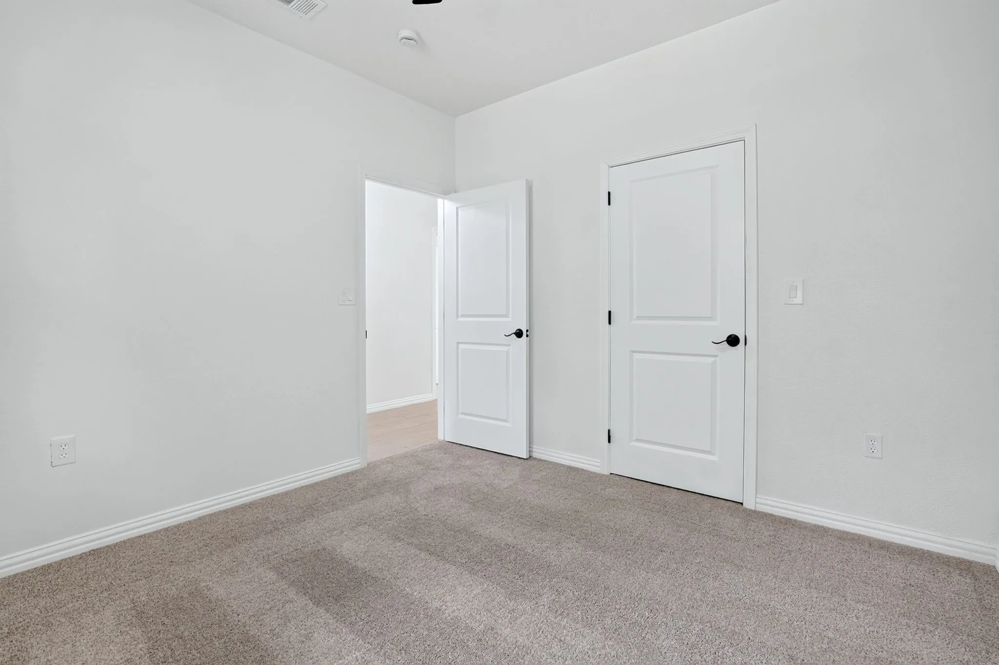 Neutral tone walls with white trim and gray carpeting