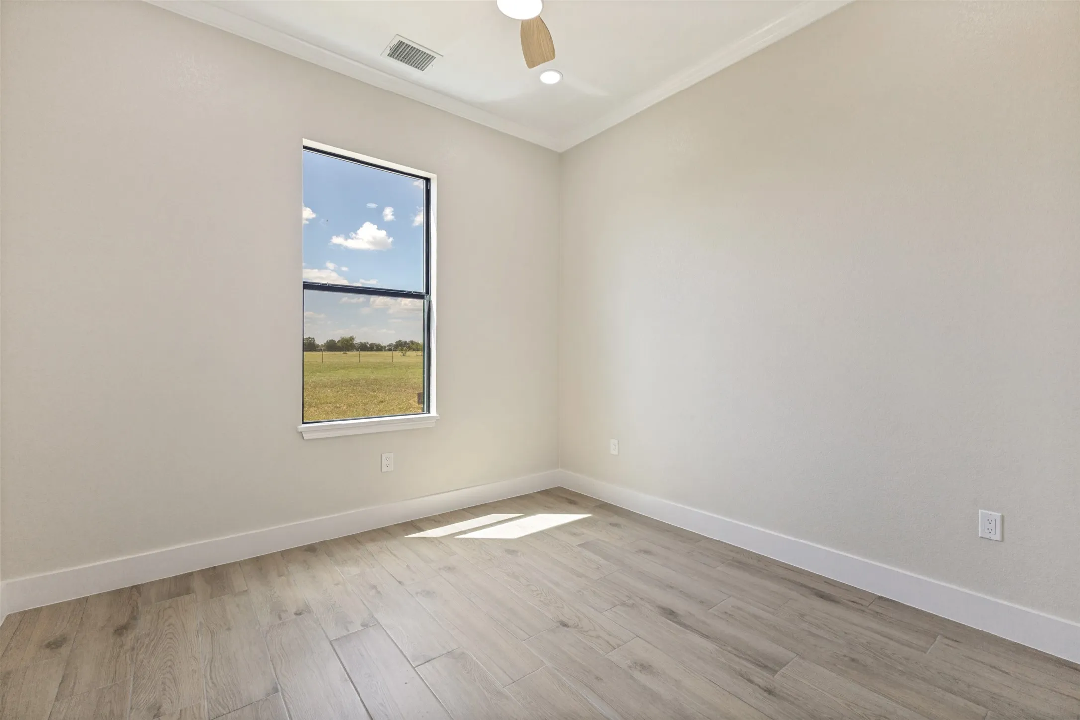 Neutral-toned bedroom featuring a single window, crown molding, and wood-finish flooring