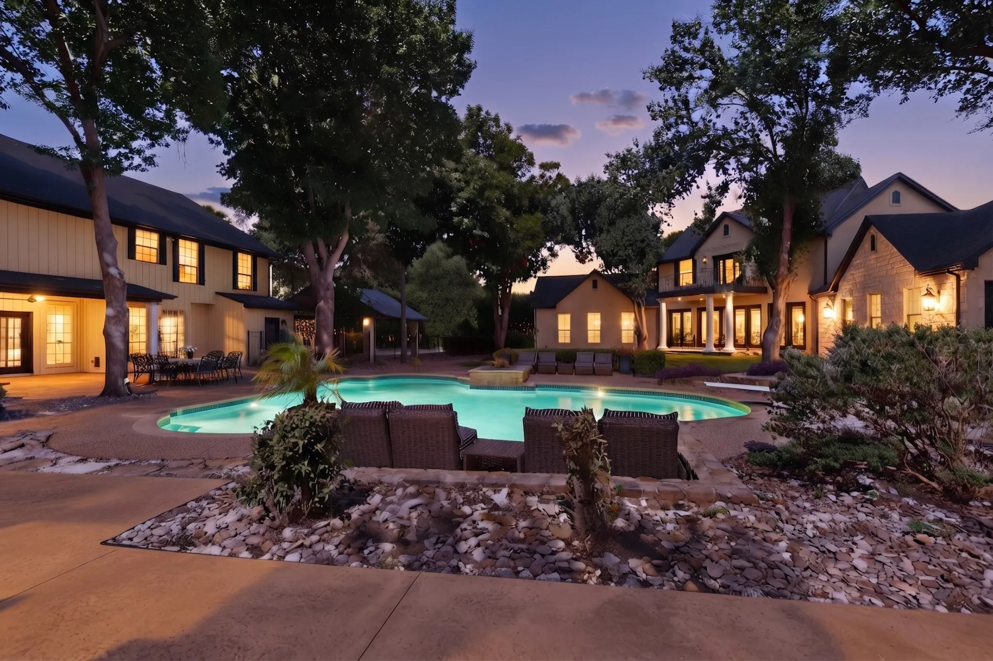 Expansive backyard featuring a large swimming pool with integrated lighting, extensive concrete decking, surrounding mature trees, and a stone-lined garden bed