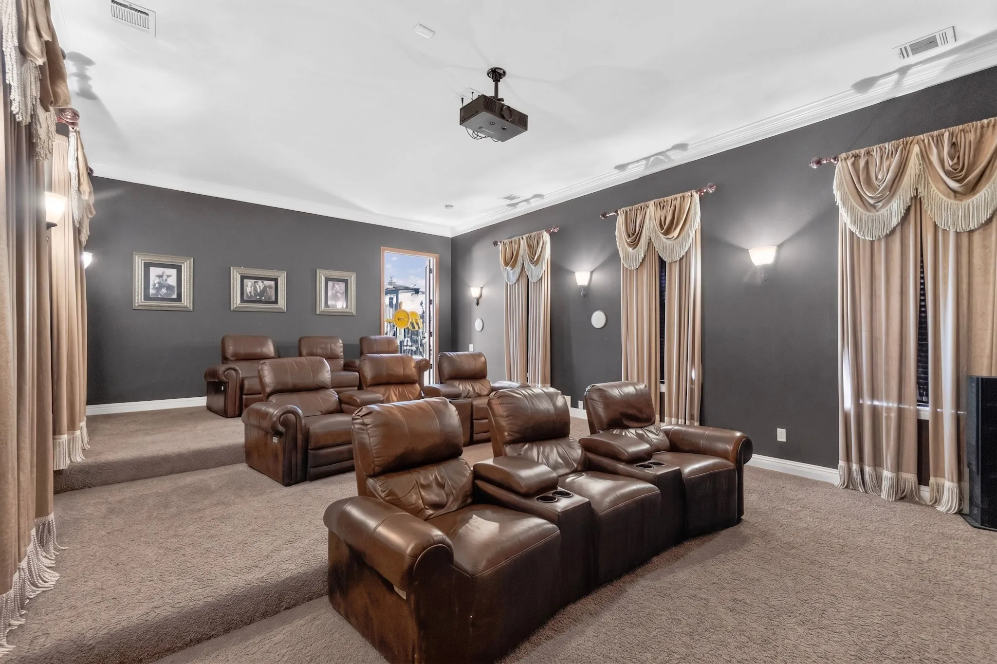 Dedicated home theater featuring tiered carpeting and built-in projector