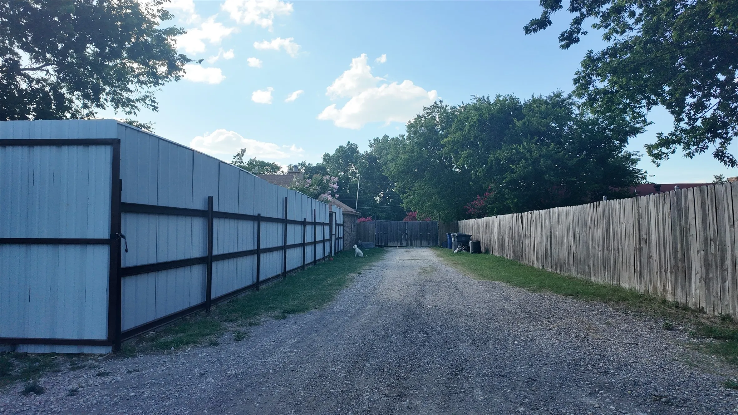 Gravel driveway with metal panel fencing and a wood privacy fence