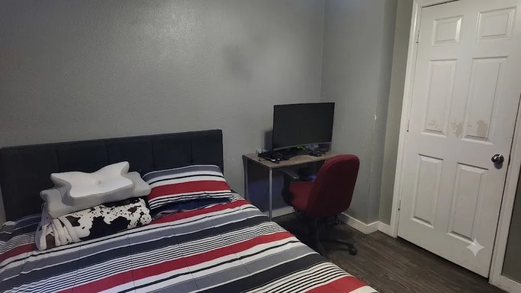 Gray painted walls with white trim, wood-finish flooring, and a paneled white door