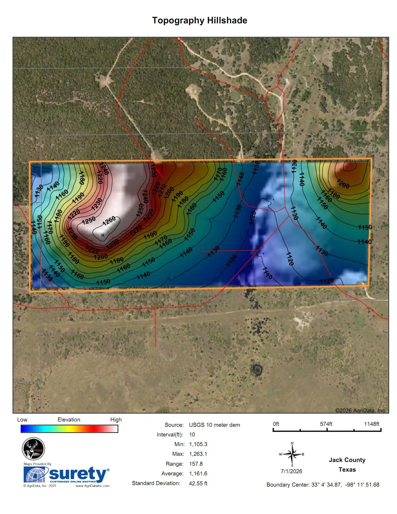 Topography Hillshade Map. Illustrating the elevation contours and hillshade for the property